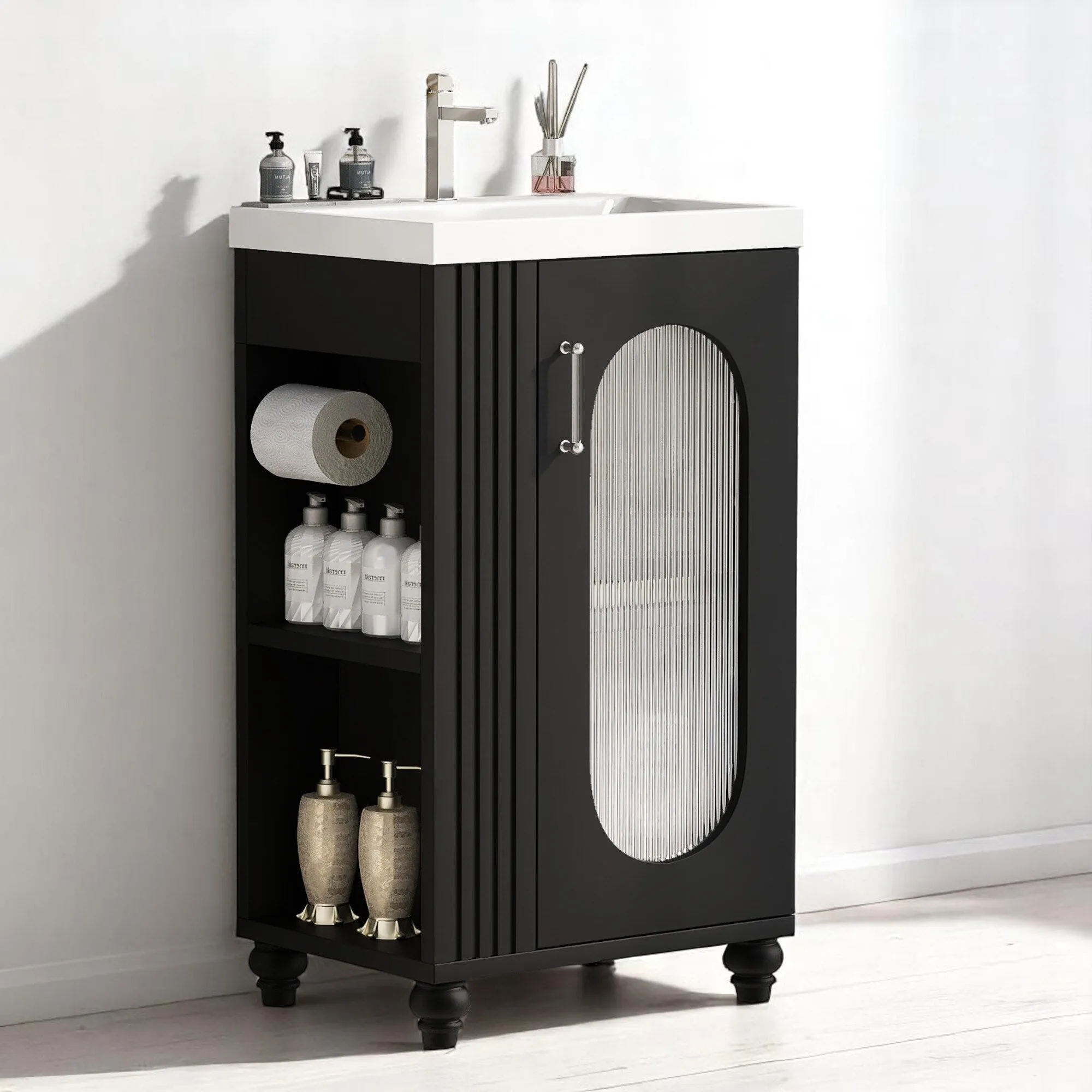 20 Inch Freestanding Bathroom Vanity with Sink. 2-Tier Side Shelf. Toilet Paper Holder. Adjustable Cabinet Shelf