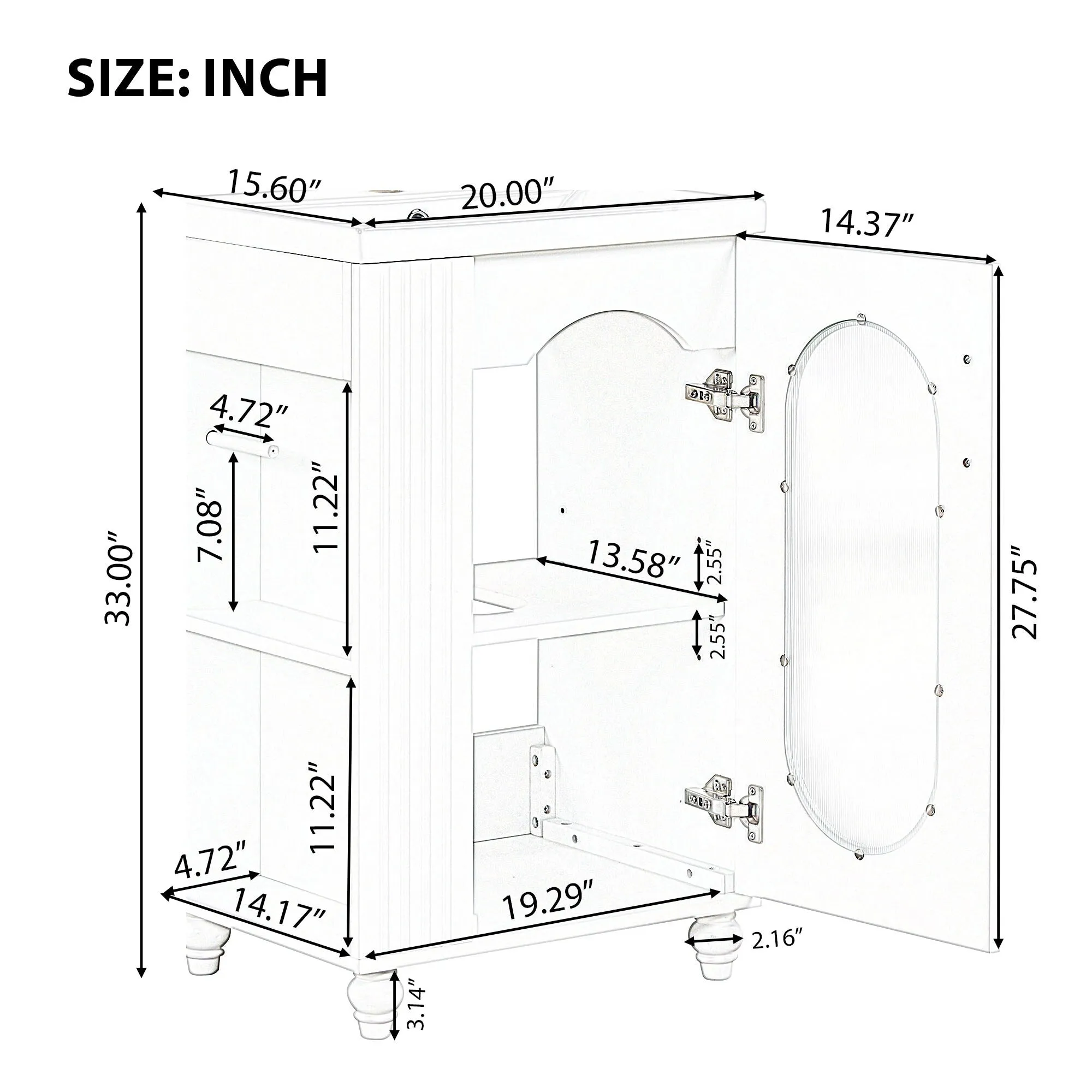 20 Inch Freestanding Bathroom Vanity with Sink. 2-Tier Side Shelf. Toilet Paper Holder. Adjustable Cabinet Shelf