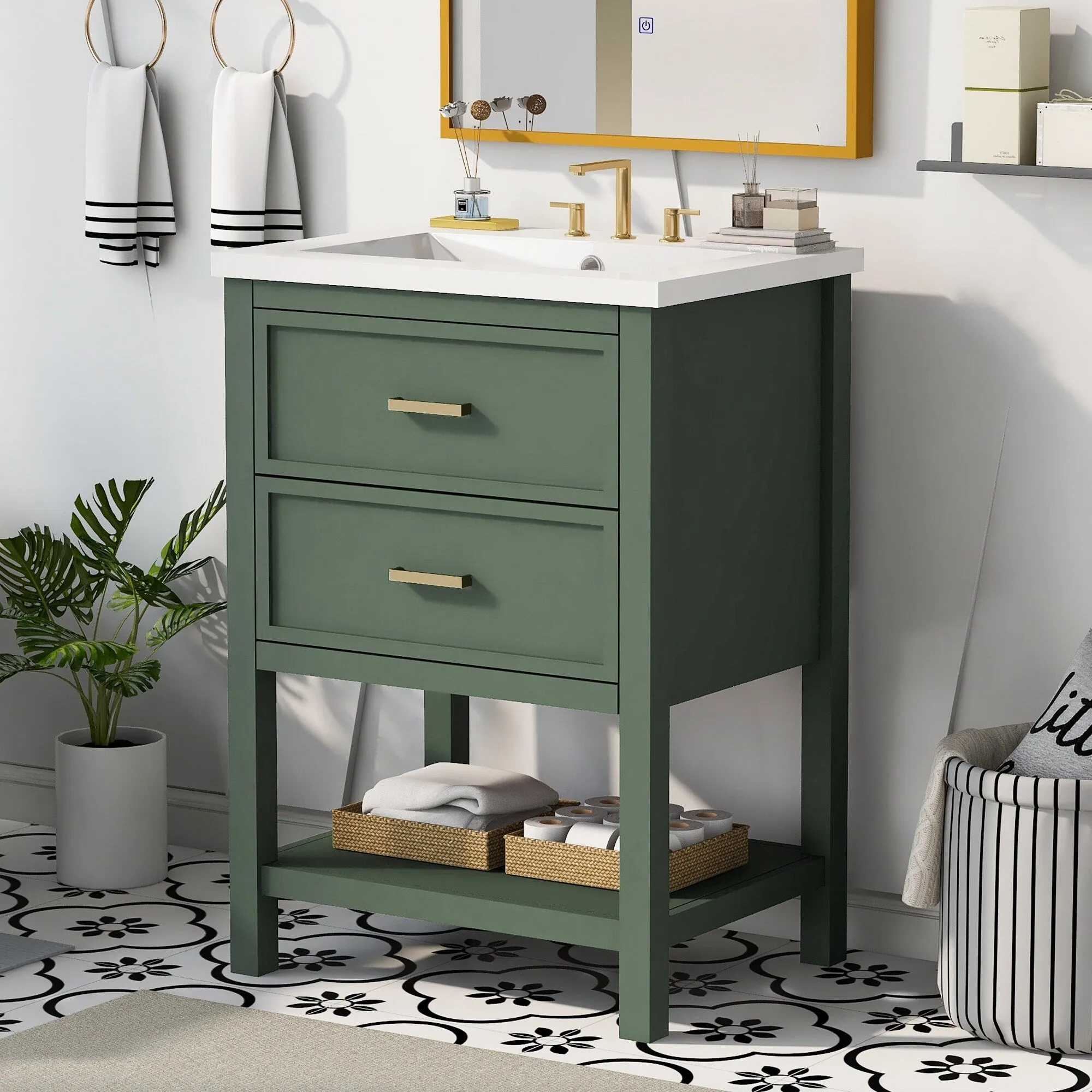 24'' Bathroom Vanity with Top Sink. Modern Bathroom Storage Cabinet with 2 Drawers. Single Sink Bathroom Vanity