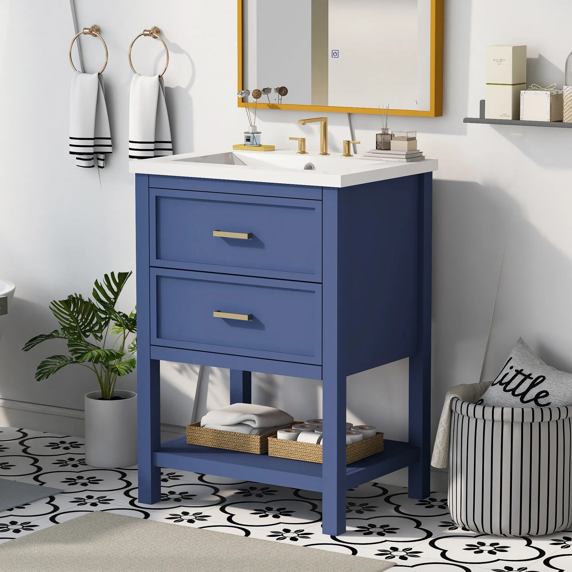 24'' Bathroom Vanity with Top Sink. Modern Bathroom Storage Cabinet with 2 Drawers. Single Sink Bathroom Vanity
