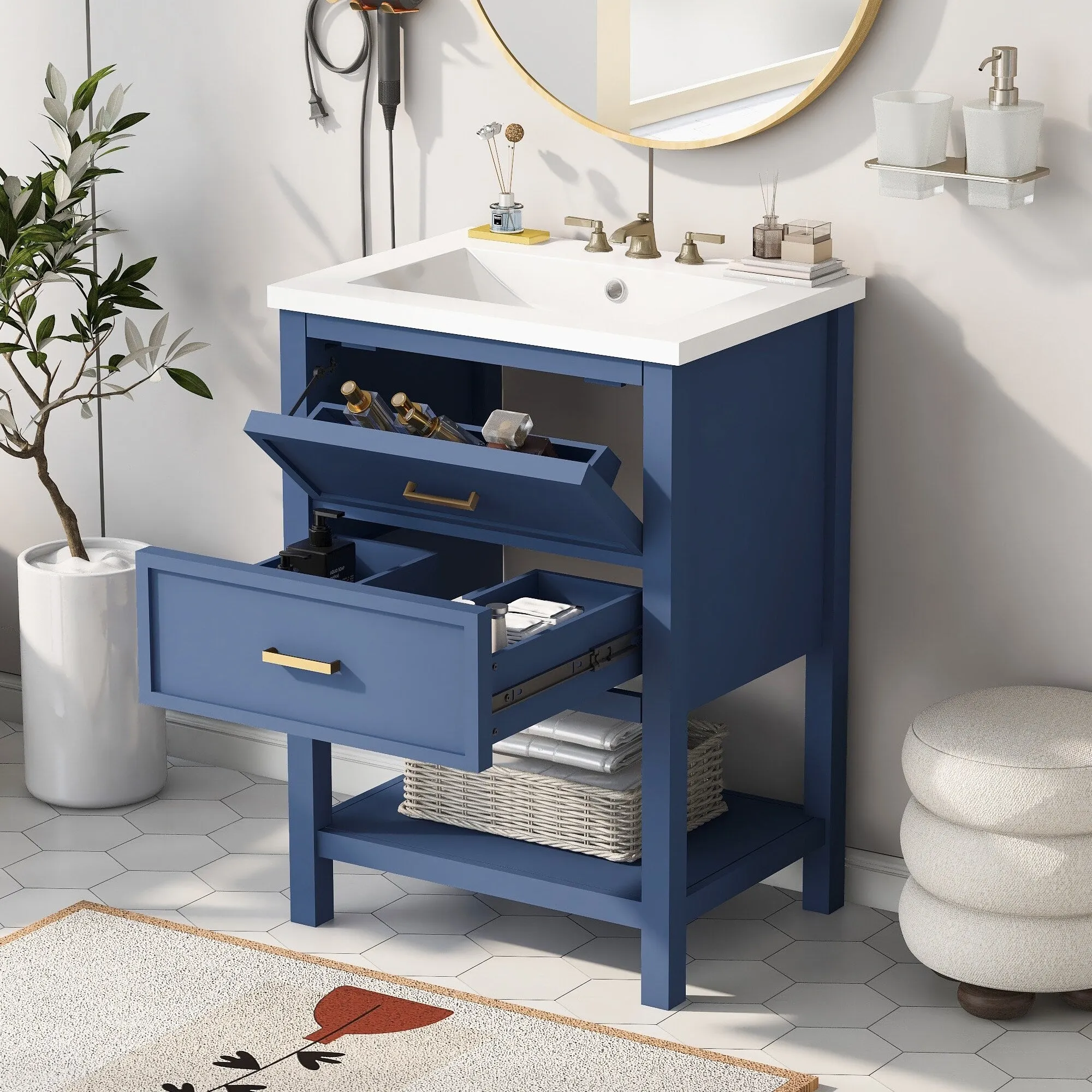 24'' Bathroom Vanity with Top Sink. Modern Bathroom Storage Cabinet with 2 Drawers. Single Sink Bathroom Vanity