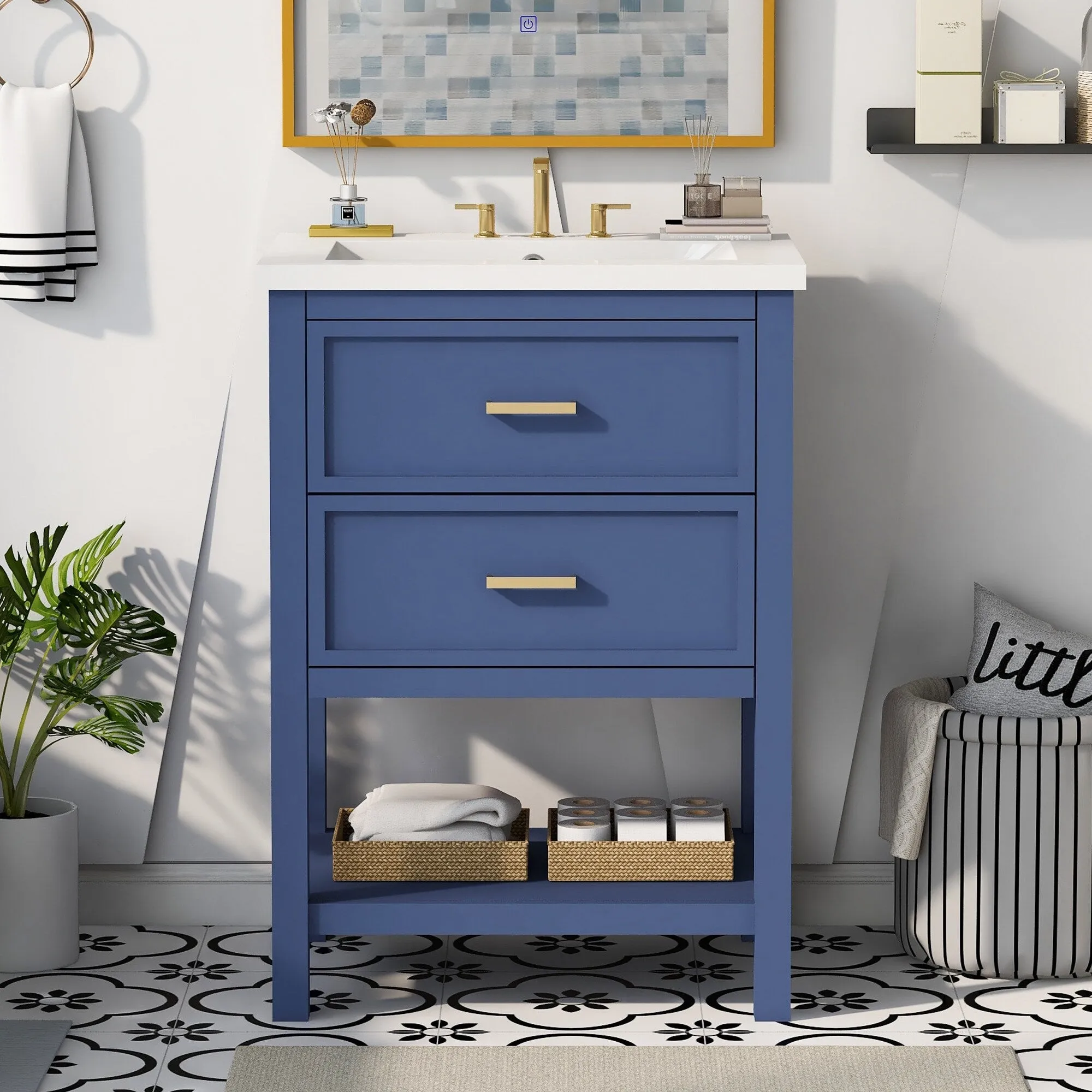 24'' Bathroom Vanity with Top Sink. Modern Bathroom Storage Cabinet with 2 Drawers. Single Sink Bathroom Vanity