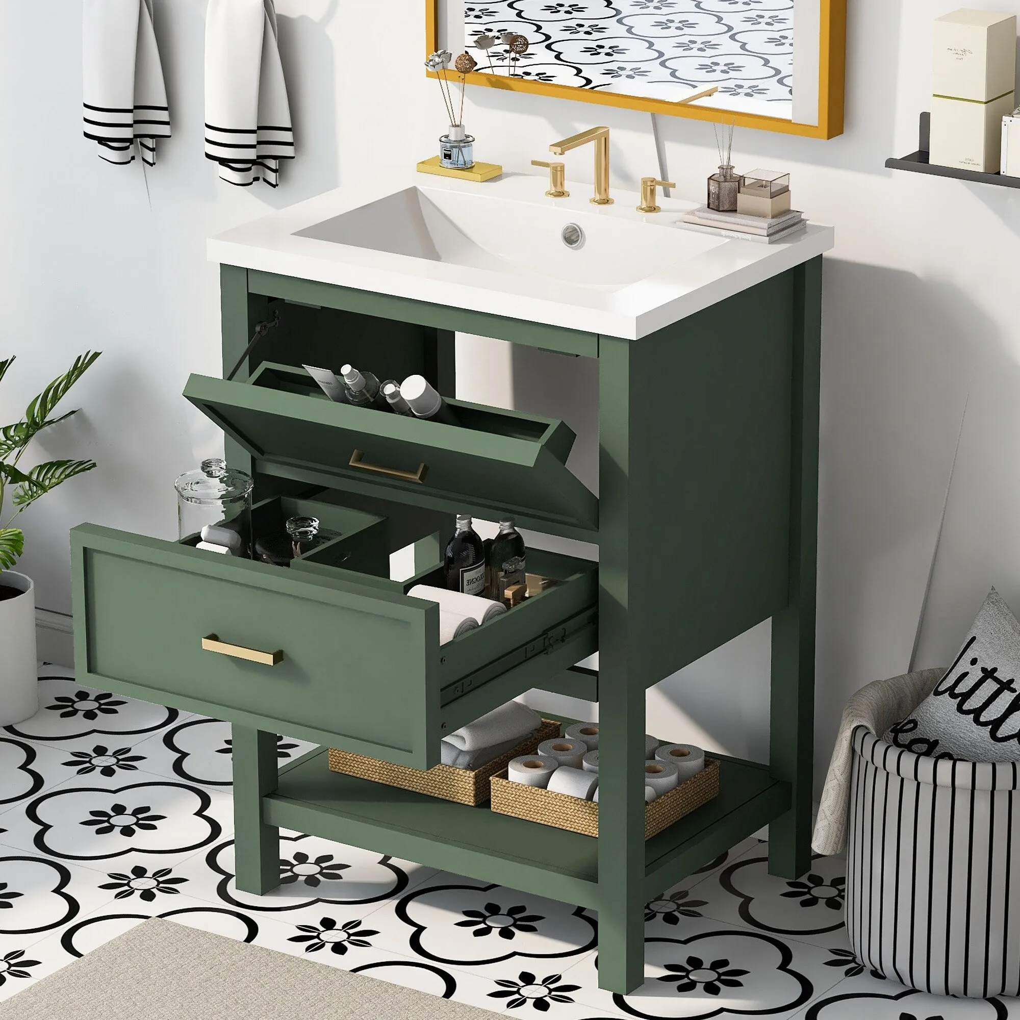 24'' Bathroom Vanity with Top Sink. Modern Bathroom Storage Cabinet with 2 Drawers. Single Sink Bathroom Vanity