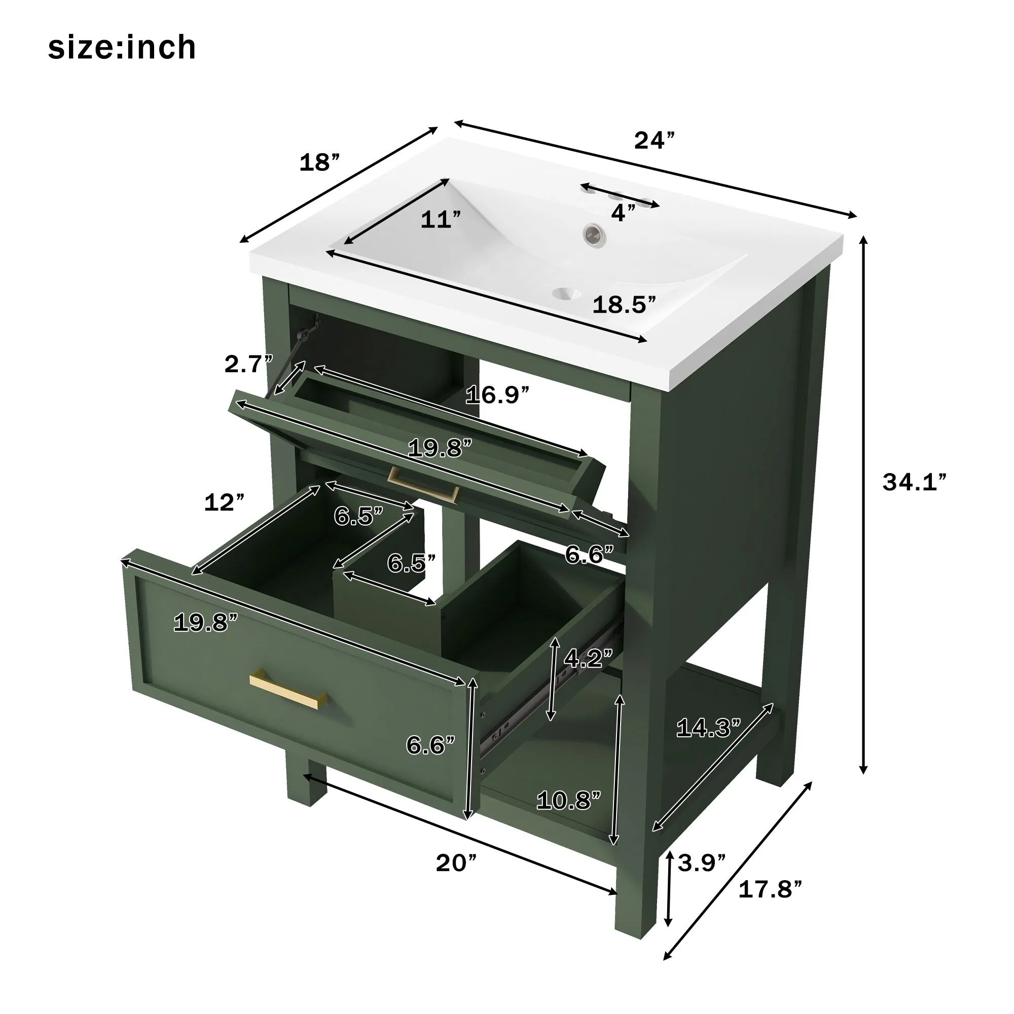 24'' Bathroom Vanity with Top Sink. Modern Bathroom Storage Cabinet with 2 Drawers. Single Sink Bathroom Vanity