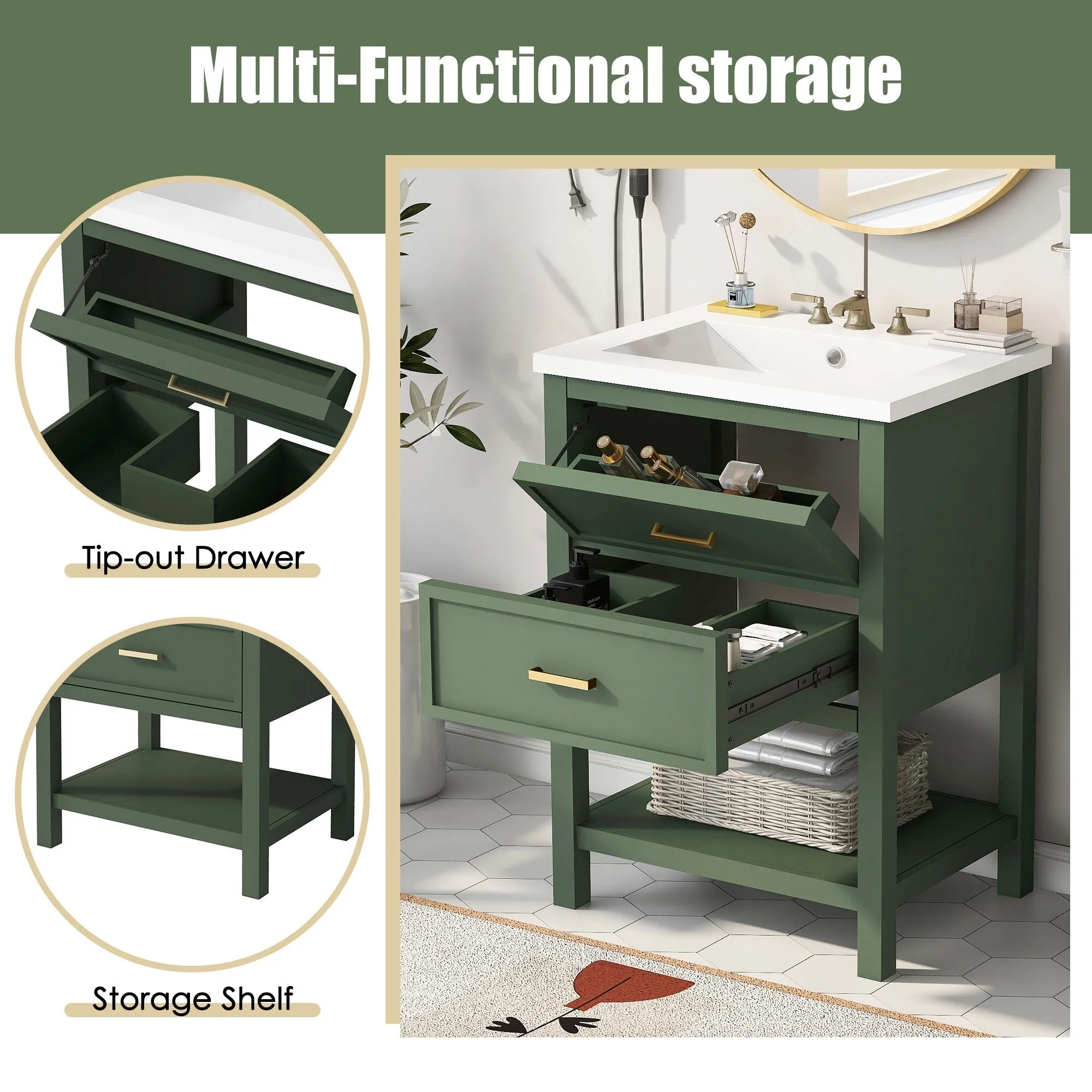 24'' Bathroom Vanity with Top Sink. Modern Bathroom Storage Cabinet with 2 Drawers. Single Sink Bathroom Vanity