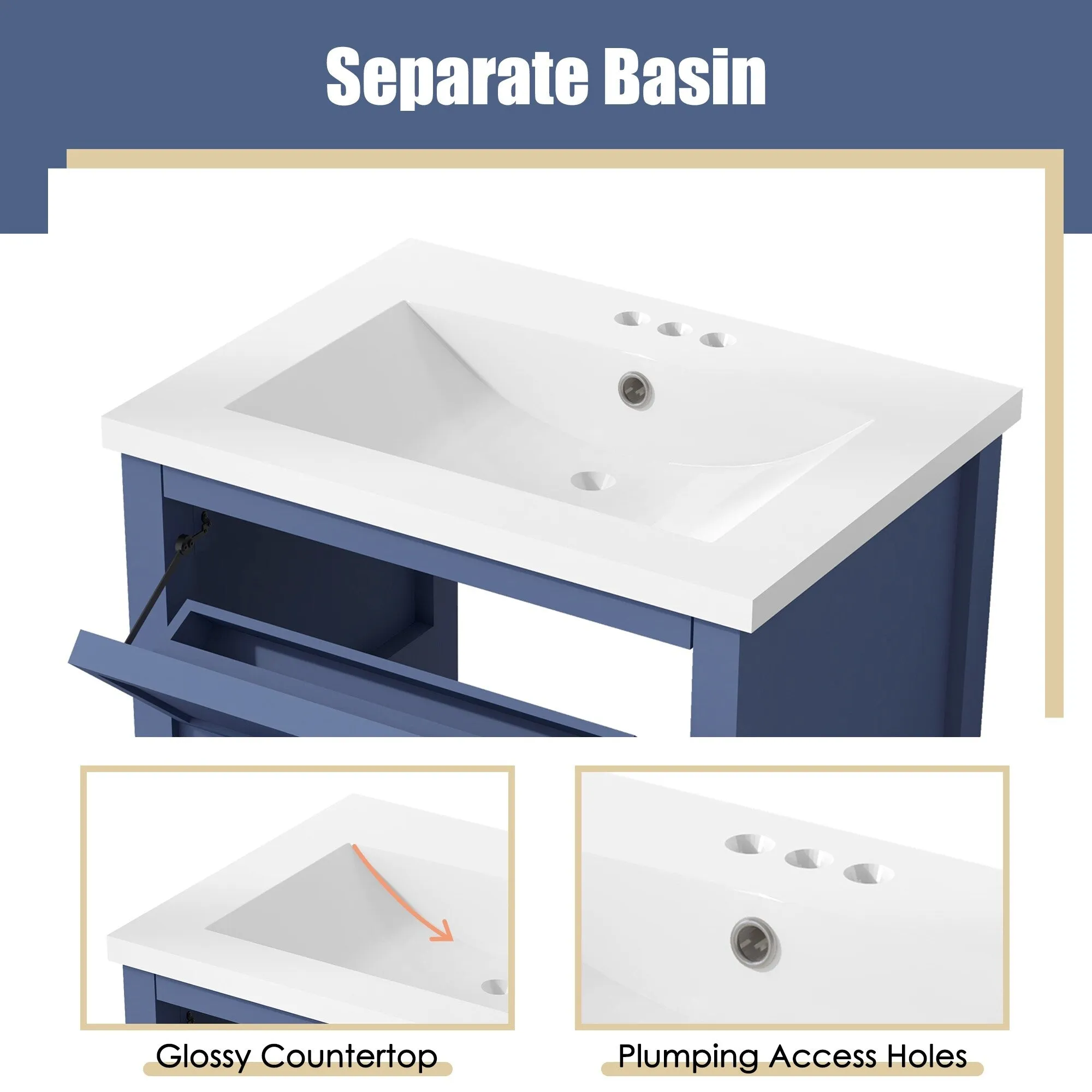 24'' Bathroom Vanity with Top Sink. Modern Bathroom Storage Cabinet with 2 Drawers. Single Sink Bathroom Vanity