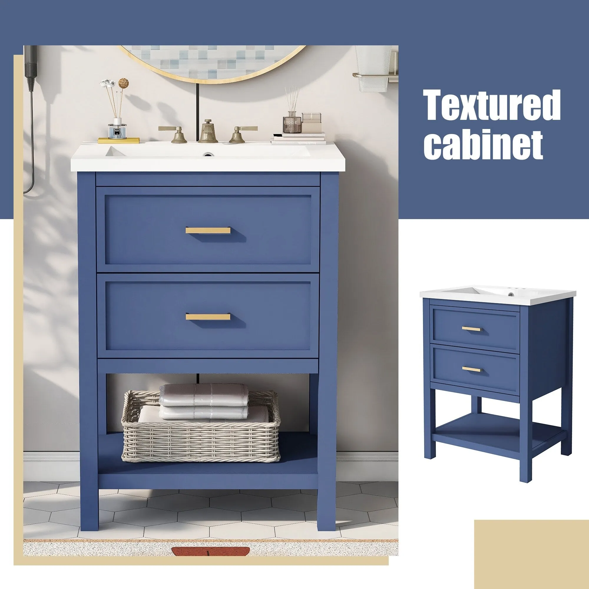 24'' Bathroom Vanity with Top Sink. Modern Bathroom Storage Cabinet with 2 Drawers. Single Sink Bathroom Vanity