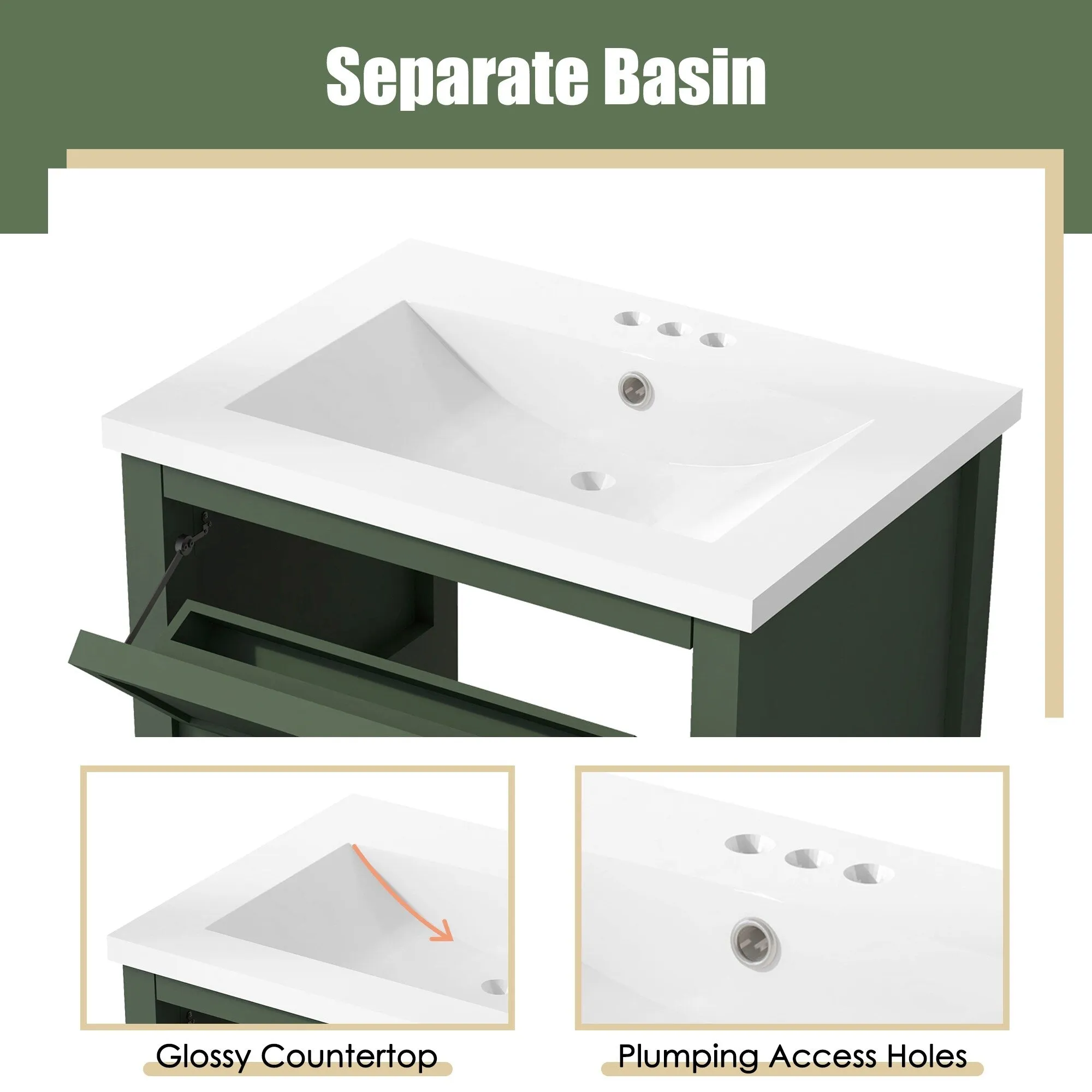 24'' Bathroom Vanity with Top Sink. Modern Bathroom Storage Cabinet with 2 Drawers. Single Sink Bathroom Vanity