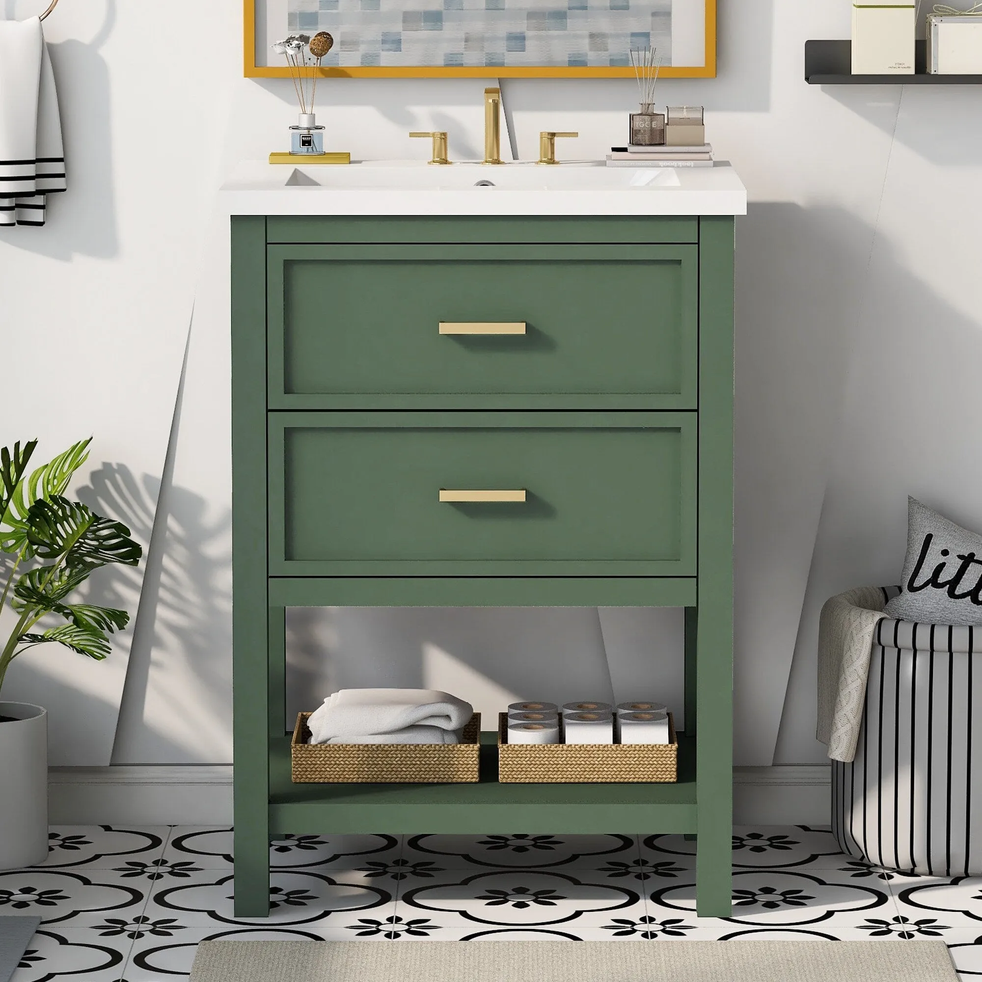 24'' Bathroom Vanity with Top Sink. Modern Bathroom Storage Cabinet with 2 Drawers. Single Sink Bathroom Vanity