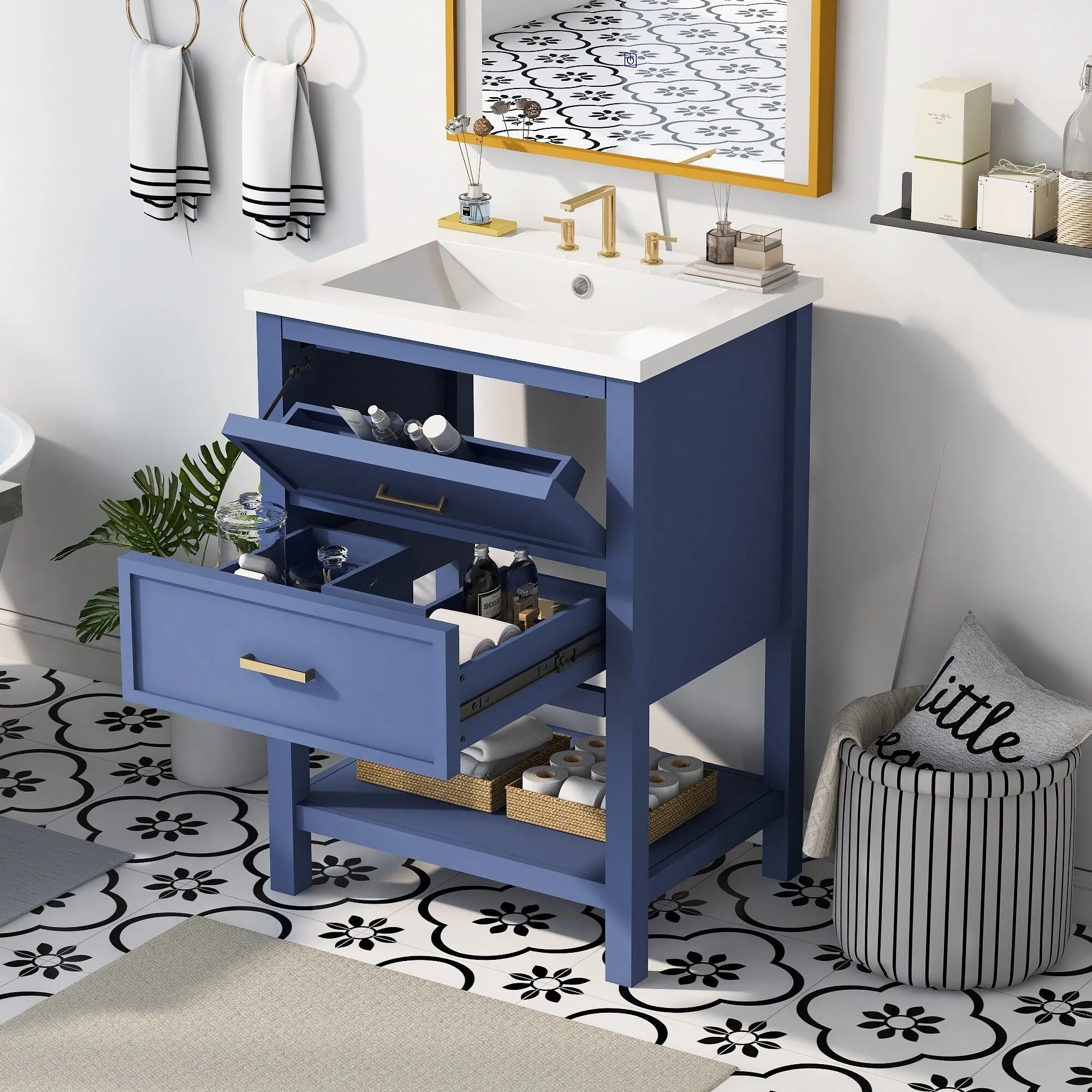 24'' Bathroom Vanity with Top Sink. Modern Bathroom Storage Cabinet with 2 Drawers. Single Sink Bathroom Vanity