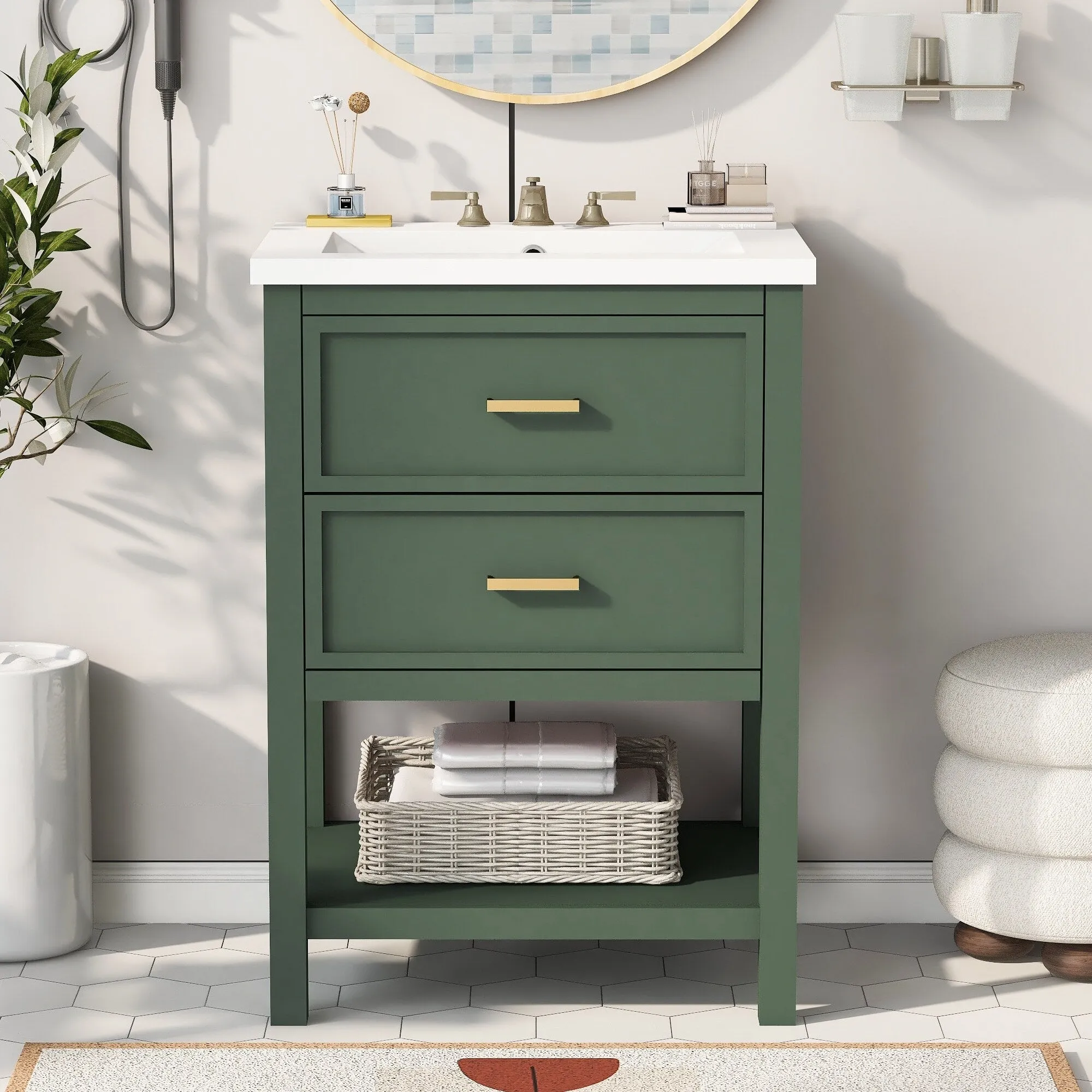 24'' Bathroom Vanity with Top Sink. Modern Bathroom Storage Cabinet with 2 Drawers. Single Sink Bathroom Vanity