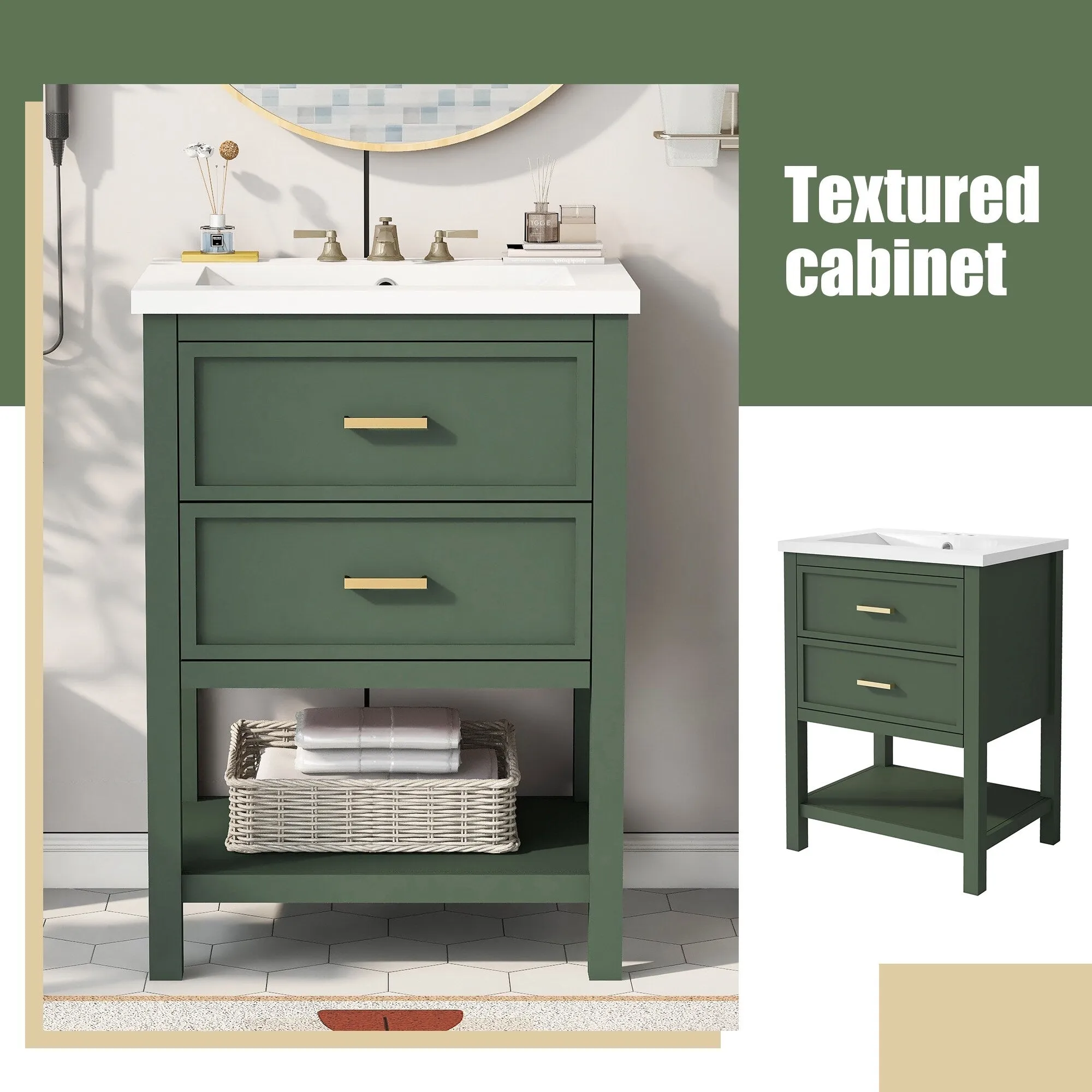 24'' Bathroom Vanity with Top Sink. Modern Bathroom Storage Cabinet with 2 Drawers. Single Sink Bathroom Vanity