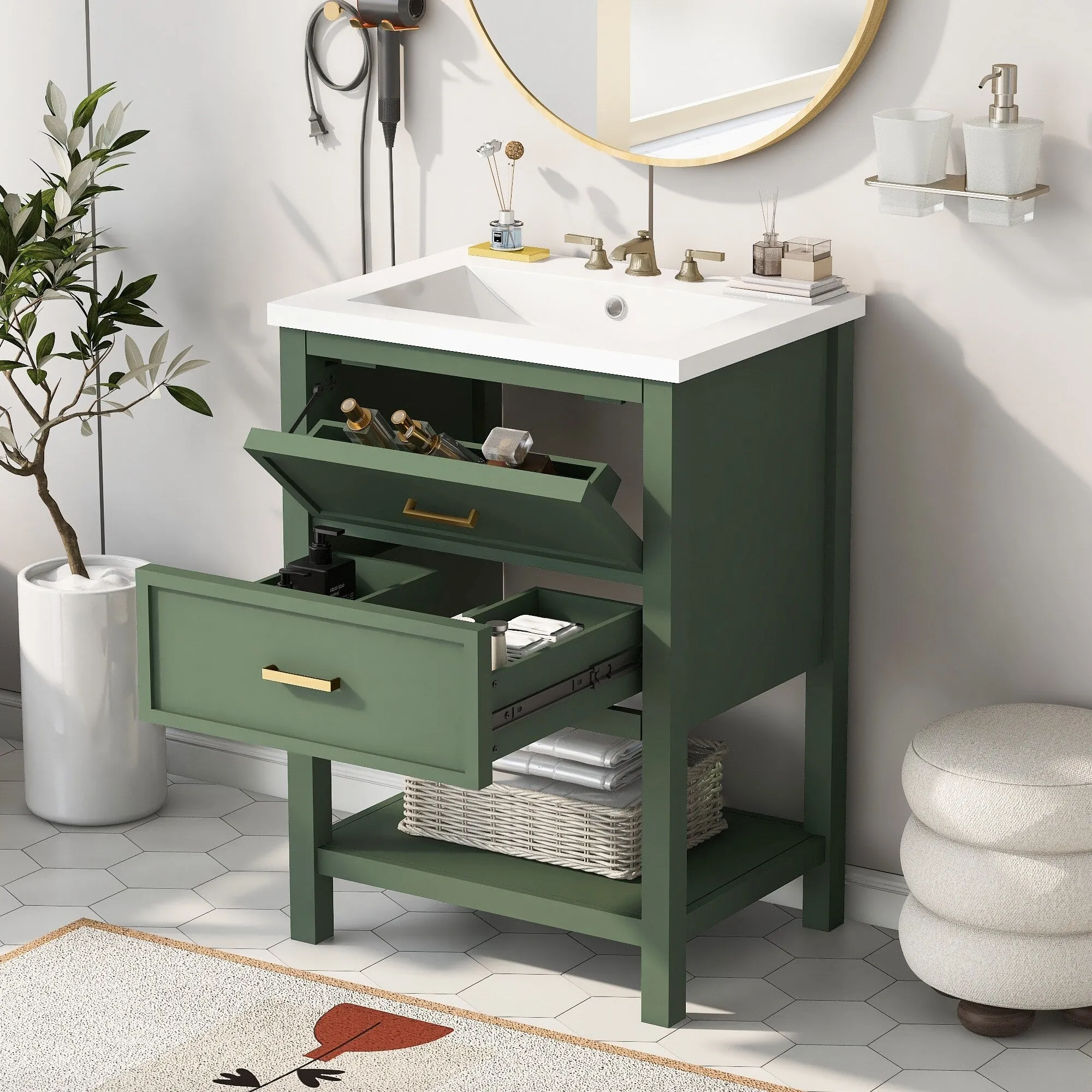 24'' Bathroom Vanity with Top Sink. Modern Bathroom Storage Cabinet with 2 Drawers. Single Sink Bathroom Vanity