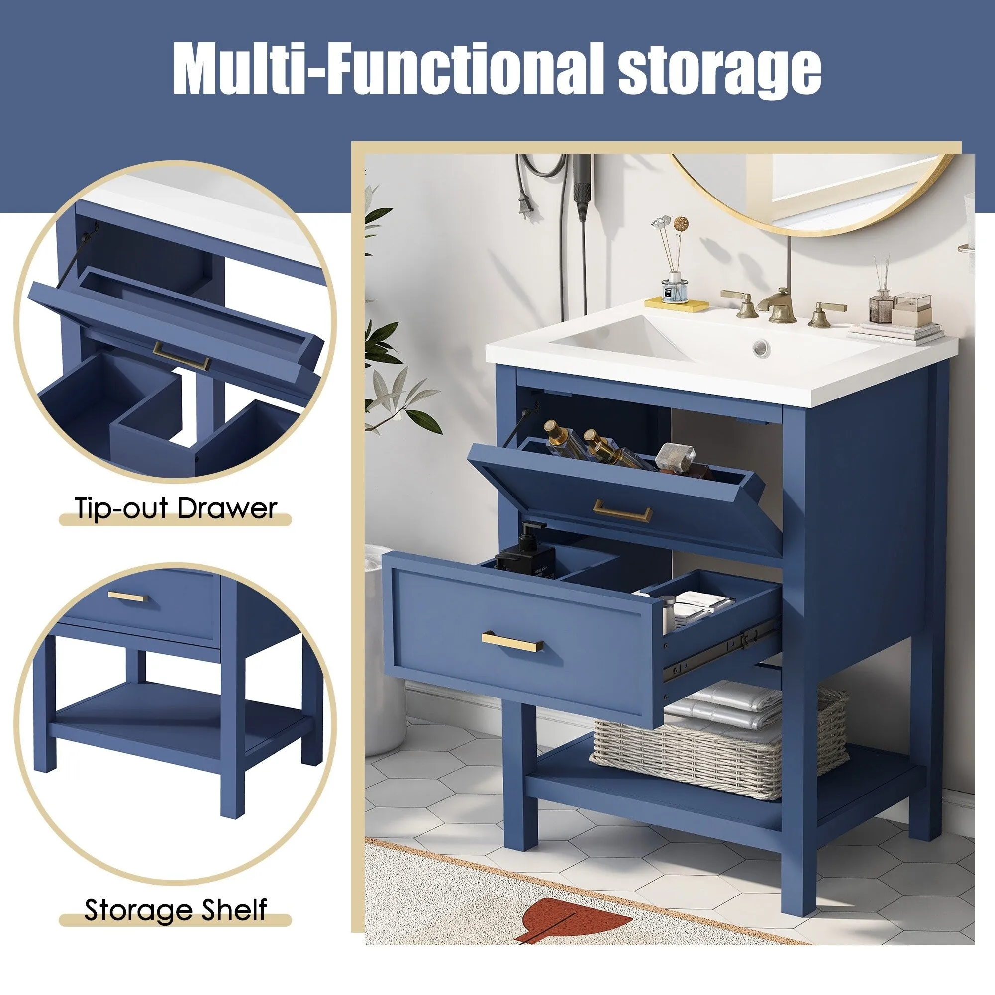 24'' Bathroom Vanity with Top Sink. Modern Bathroom Storage Cabinet with 2 Drawers. Single Sink Bathroom Vanity