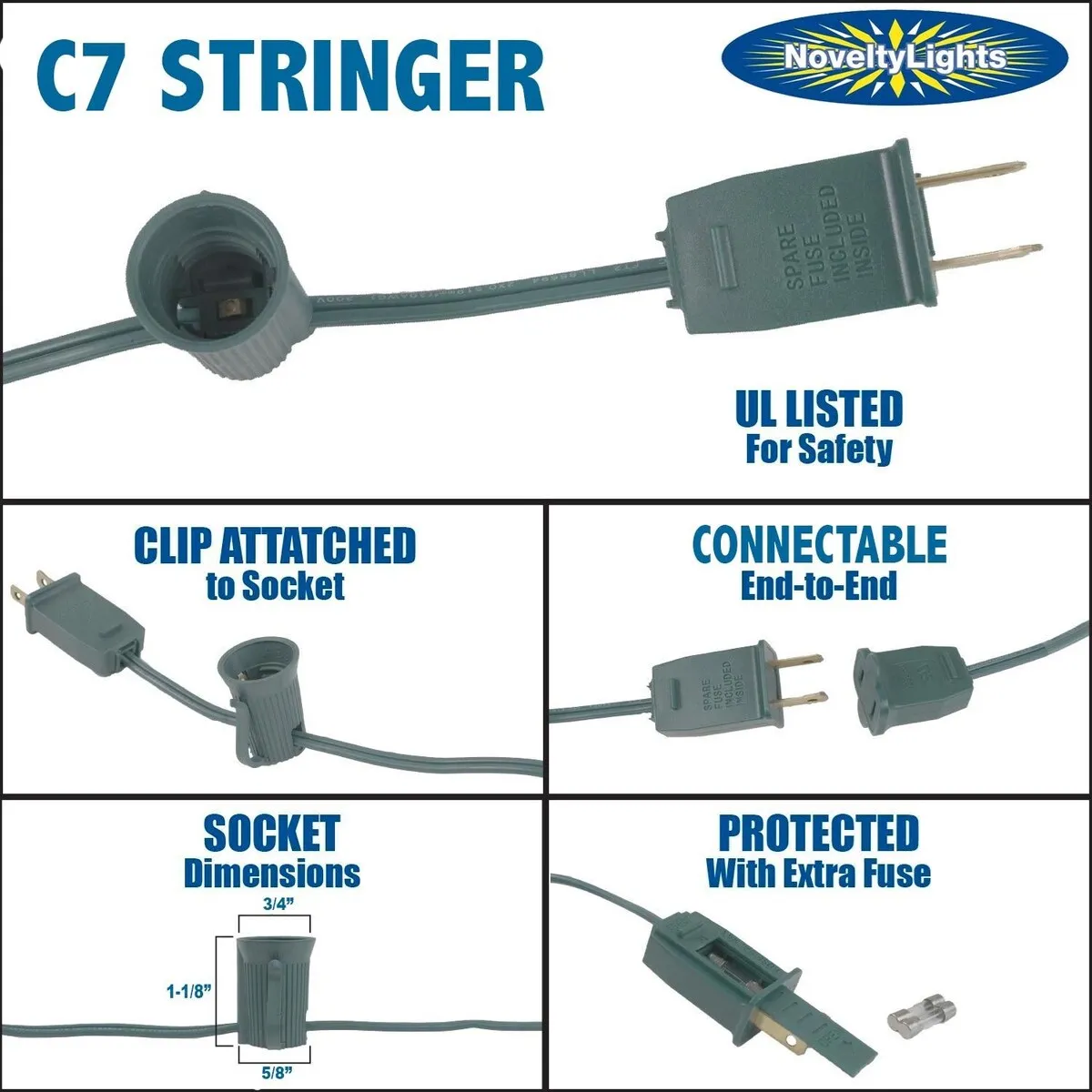 25 Foot C7 Outdoor Patio Christmas Stringer. C7/E12 Base. 12 Space. Green Wire - Small