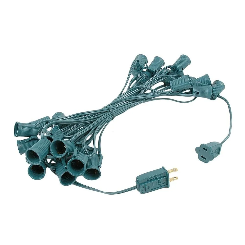 25 Foot C7 Outdoor Patio Christmas Stringer. C7/E12 Base. 12 Space. Green Wire - Small