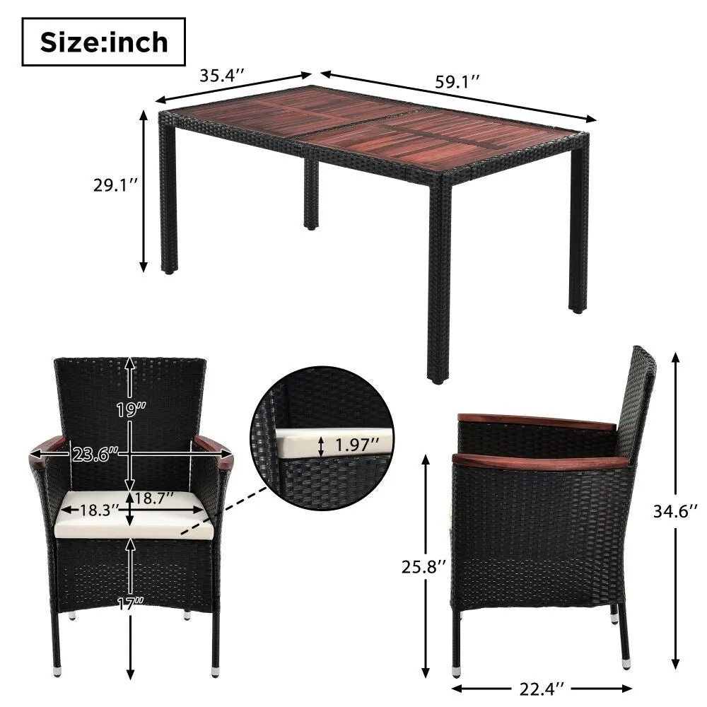 7-Piece Outdoor Patio Dining Set. Garden PE Rattan Wicker Dining Table and Chairs Set. Acacia Wood Tabletop