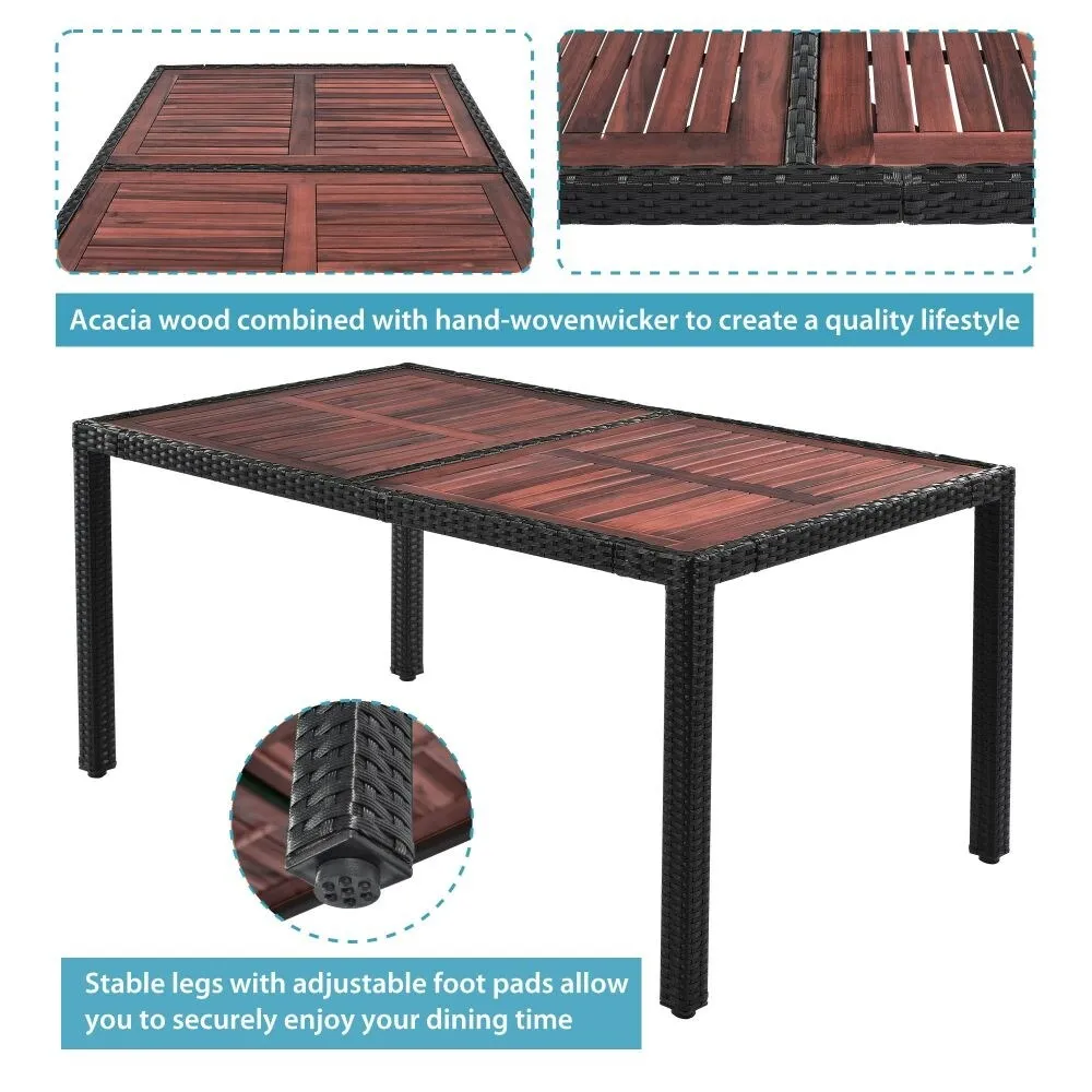 7-Piece Outdoor Patio Dining Set. Garden PE Rattan Wicker Dining Table and Chairs Set. Acacia Wood Tabletop