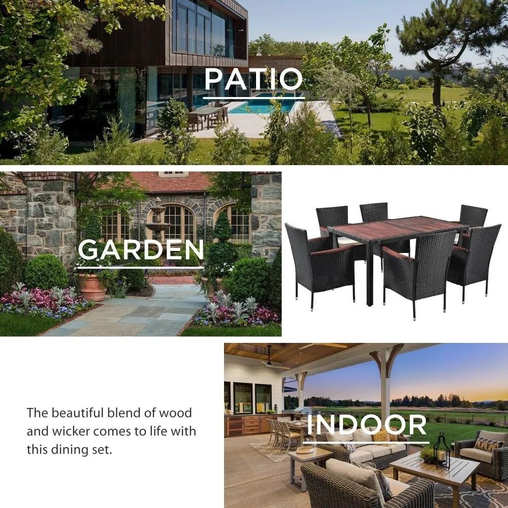 7-Piece Outdoor Patio Dining Set. Garden PE Rattan Wicker Dining Table and Chairs Set. Acacia Wood Tabletop