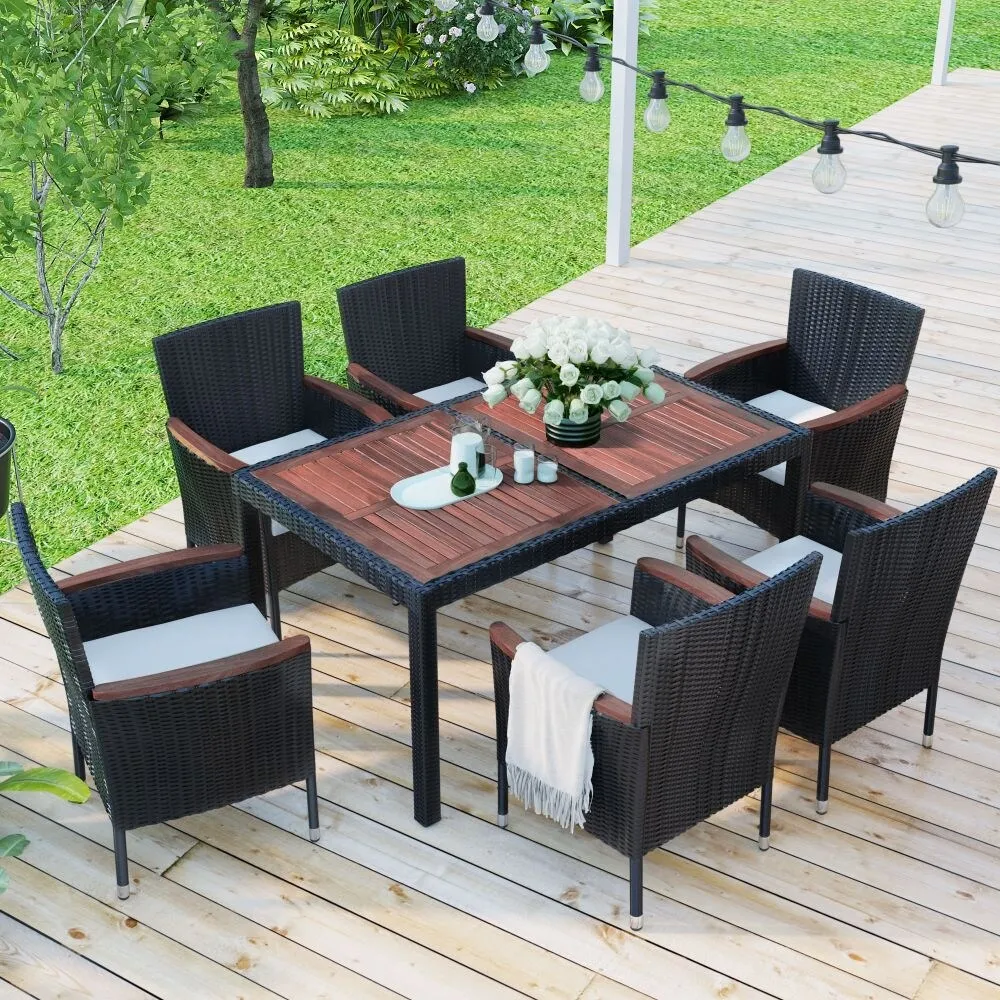 7-Piece Outdoor Patio Dining Set. Garden PE Rattan Wicker Dining Table and Chairs Set. Acacia Wood Tabletop