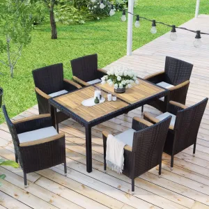 7-Piece Outdoor Patio Dining Set. Garden PE Rattan Wicker Dining Table and Chairs Set. Acacia Wood Tabletop