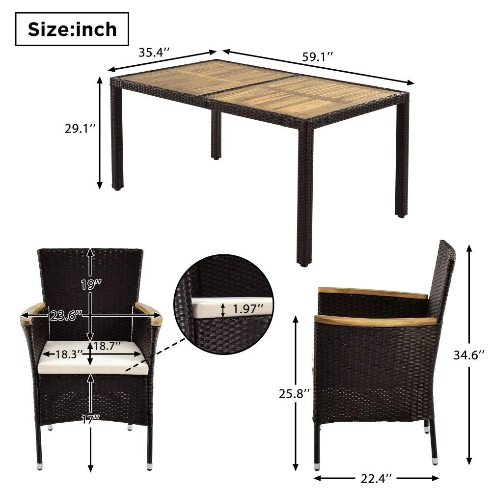 7-Piece Outdoor Patio Dining Set. Garden PE Rattan Wicker Dining Table and Chairs Set. Acacia Wood Tabletop