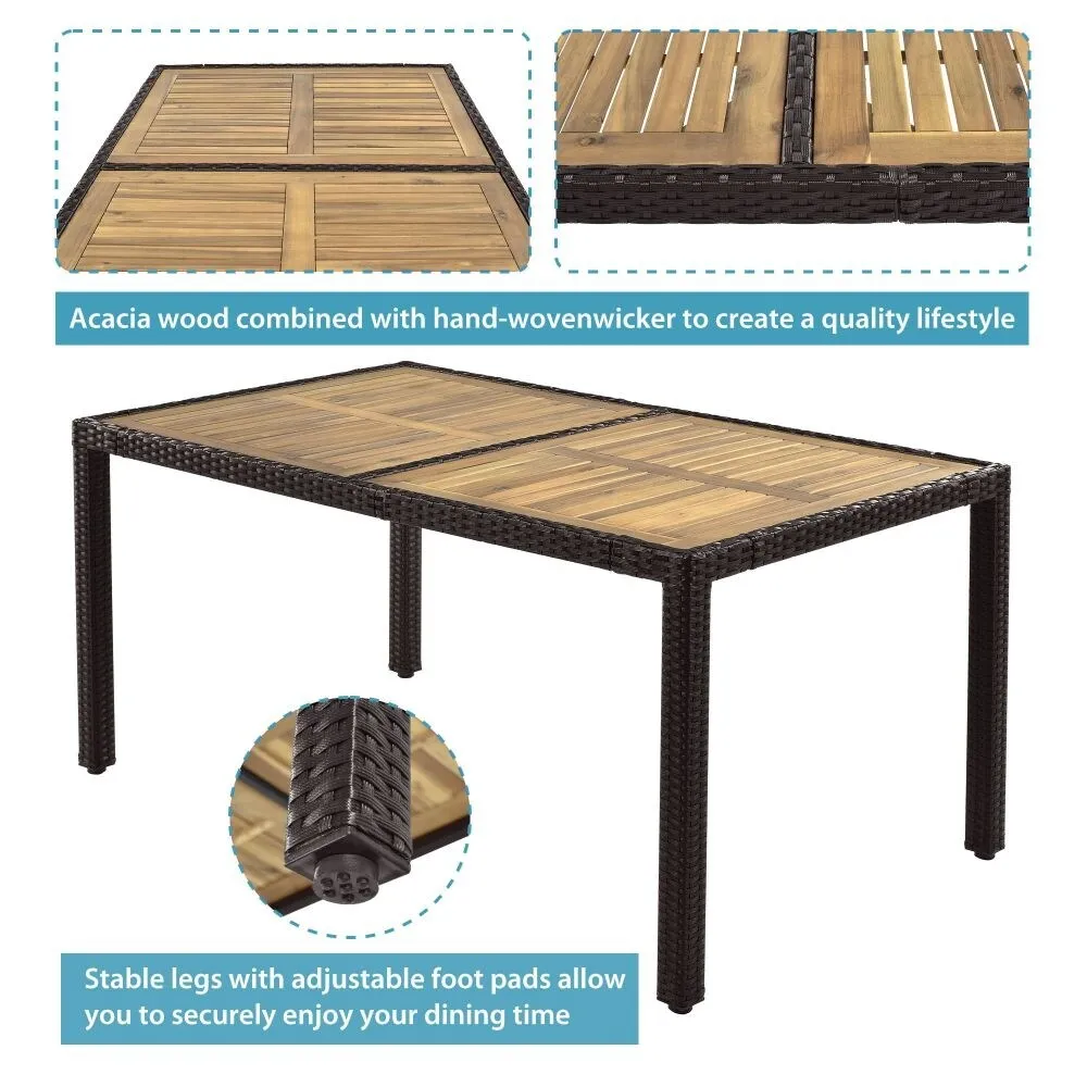 7-Piece Outdoor Patio Dining Set. Garden PE Rattan Wicker Dining Table and Chairs Set. Acacia Wood Tabletop