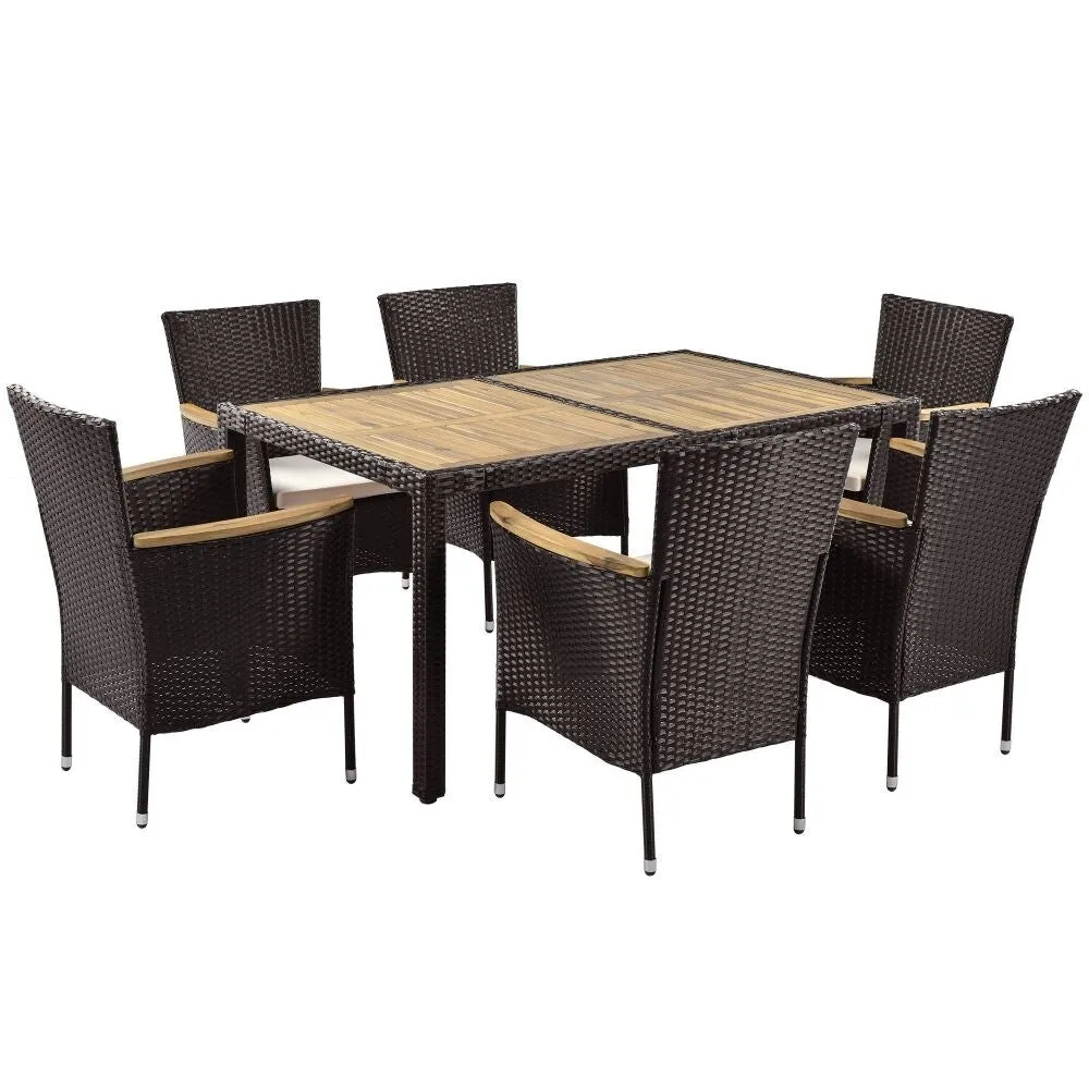 7-Piece Outdoor Patio Dining Set. Garden PE Rattan Wicker Dining Table and Chairs Set. Acacia Wood Tabletop
