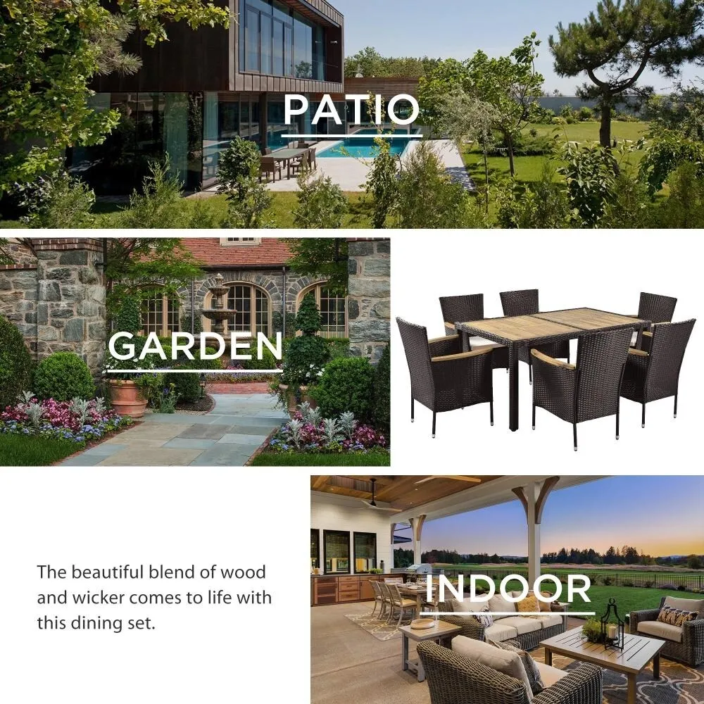 7-Piece Outdoor Patio Dining Set. Garden PE Rattan Wicker Dining Table and Chairs Set. Acacia Wood Tabletop