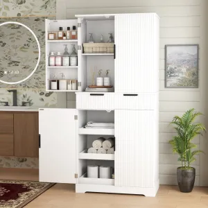 72H bathroom storage Cabinet with 3 Keyboard Drawers. 6 Door Shelves Adjustable. a slide-out drawer