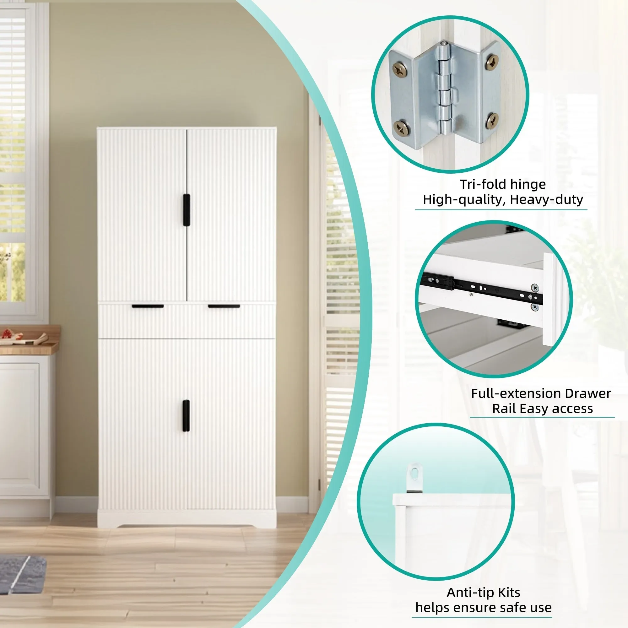 72H bathroom storage Cabinet with 3 Keyboard Drawers. 6 Door Shelves Adjustable. a slide-out drawer