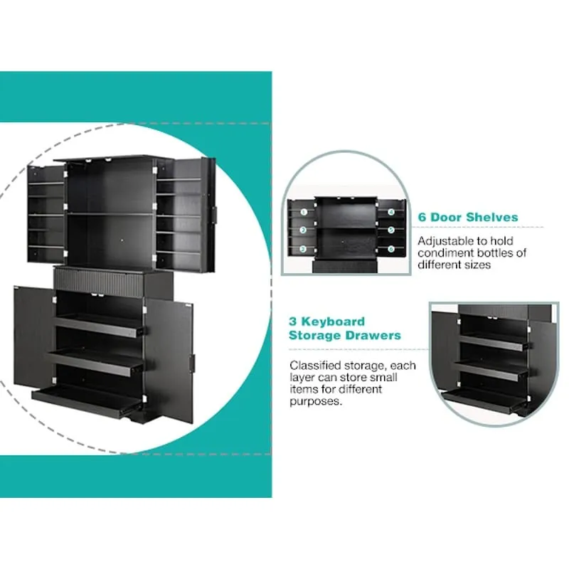 72H bathroom storage Cabinet with 3 Keyboard Drawers. 6 Door Shelves Adjustable. a slide-out drawer