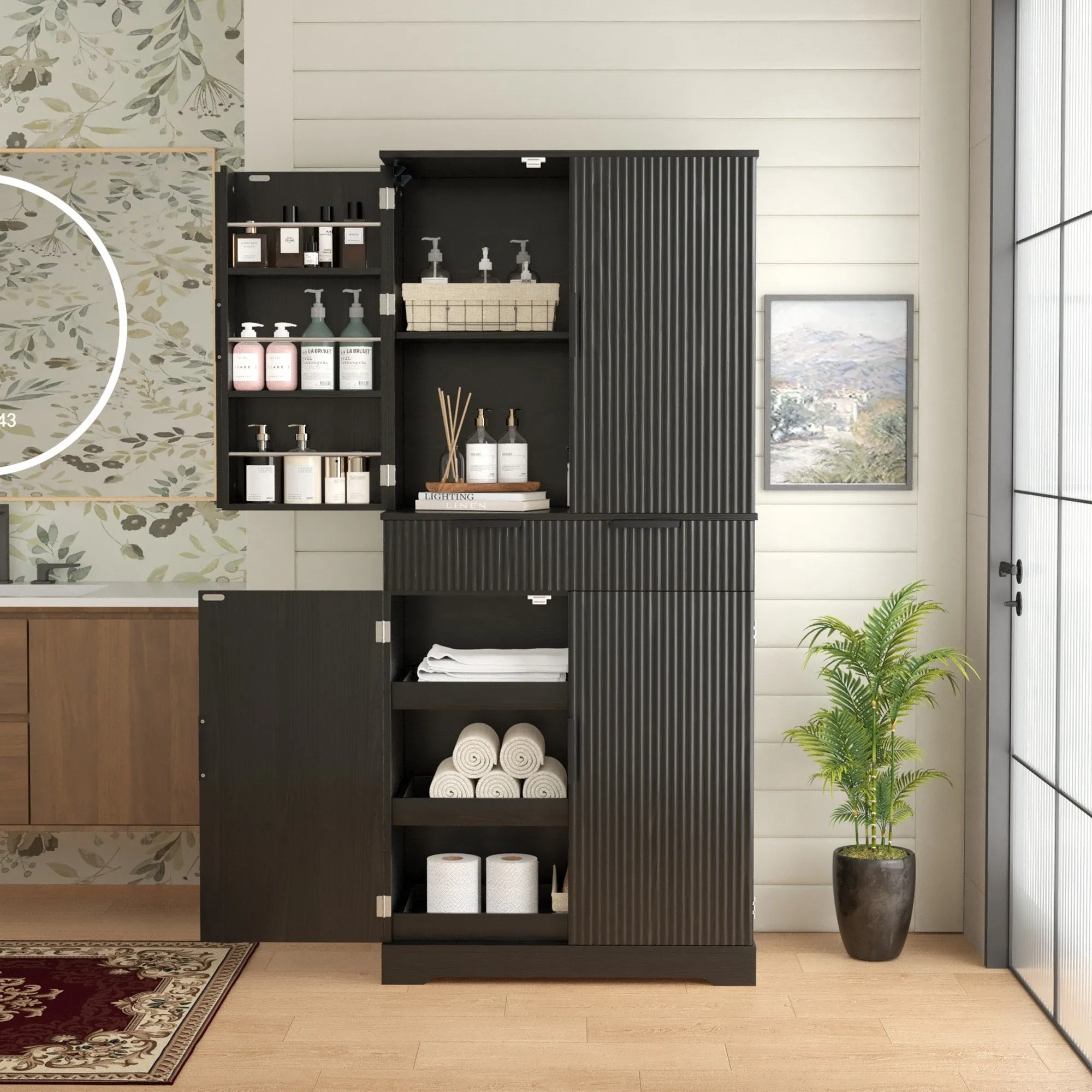 72H bathroom storage Cabinet with 3 Keyboard Drawers. 6 Door Shelves Adjustable. a slide-out drawer