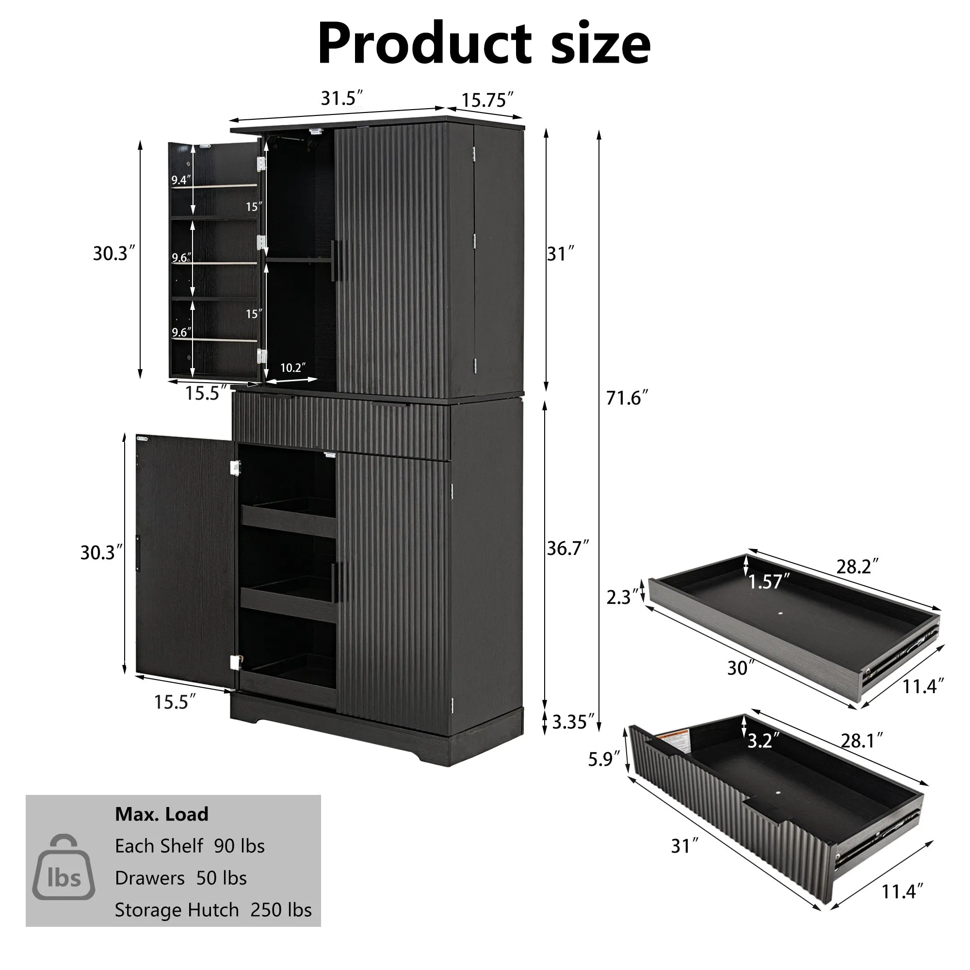 72H bathroom storage Cabinet with 3 Keyboard Drawers. 6 Door Shelves Adjustable. a slide-out drawer