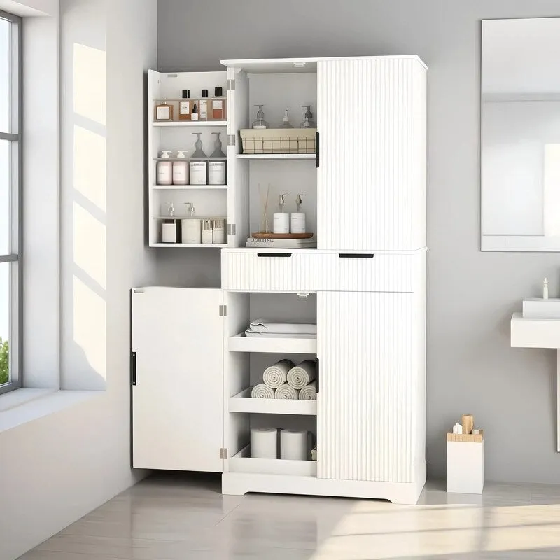 72H bathroom storage Cabinet with 3 Keyboard Drawers. 6 Door Shelves Adjustable. a slide-out drawer