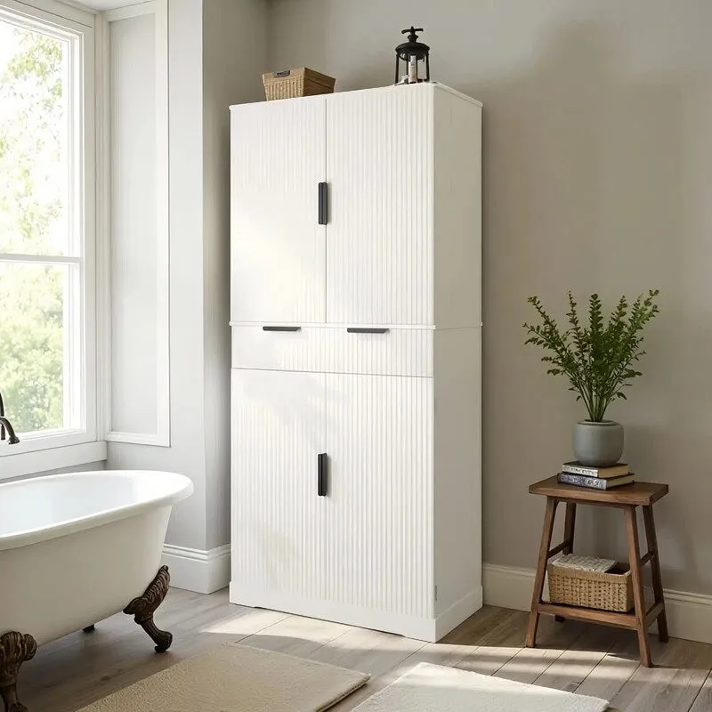 72H bathroom storage Cabinet with 3 Keyboard Drawers. 6 Door Shelves Adjustable. a slide-out drawer