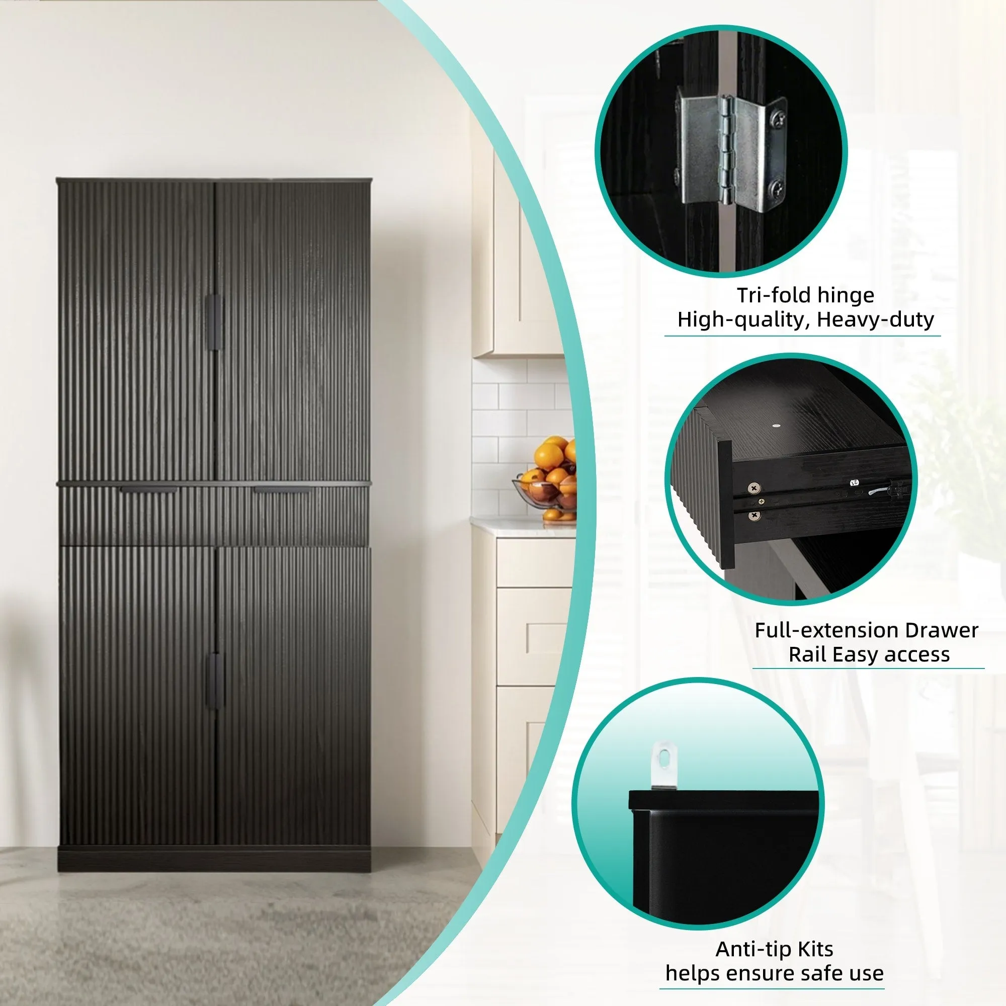 72H bathroom storage Cabinet with 3 Keyboard Drawers. 6 Door Shelves Adjustable. a slide-out drawer