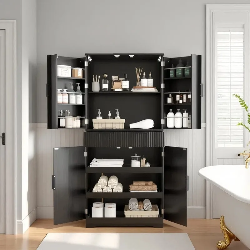 72H bathroom storage Cabinet with 3 Keyboard Drawers. 6 Door Shelves Adjustable. a slide-out drawer