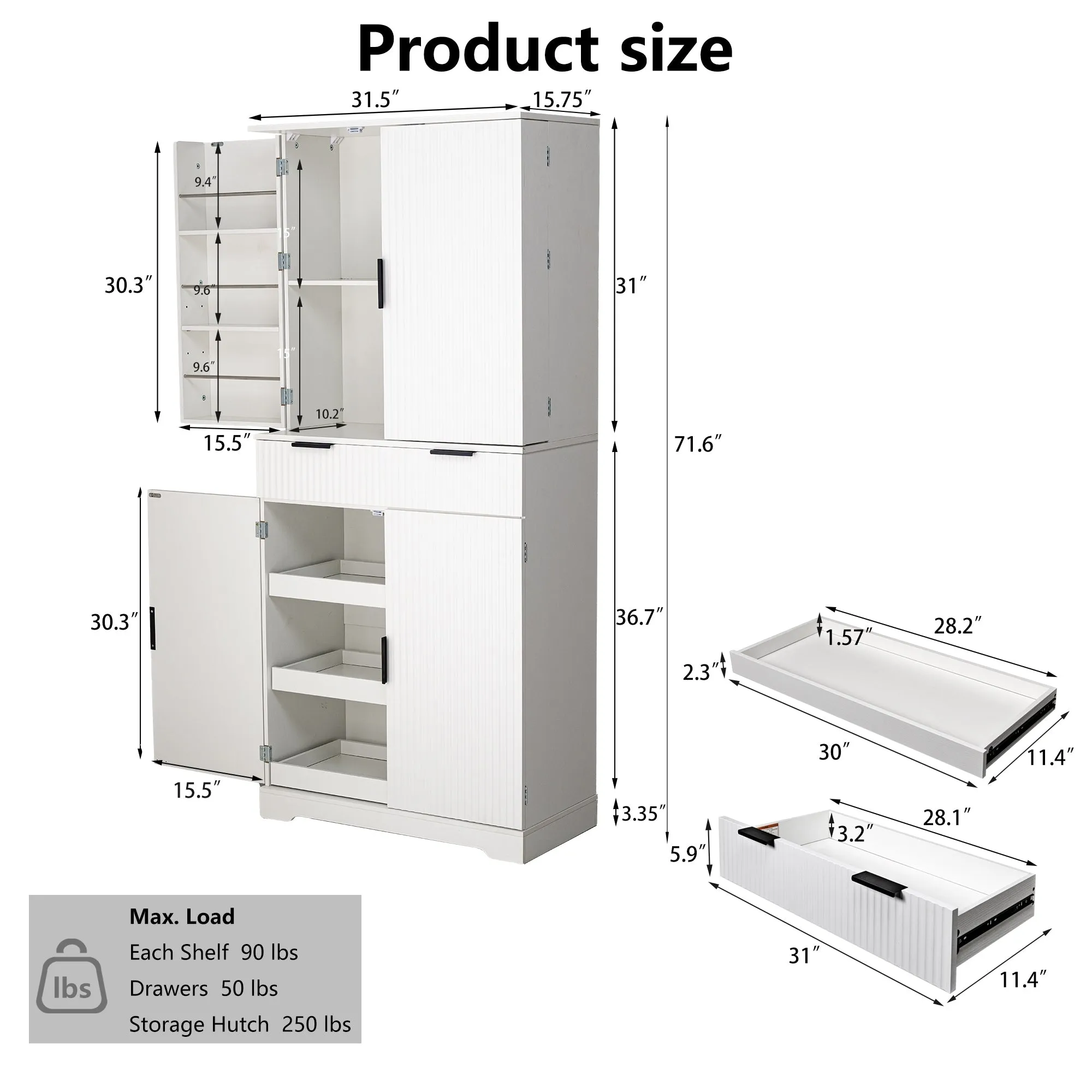 72H bathroom storage Cabinet with 3 Keyboard Drawers. 6 Door Shelves Adjustable. a slide-out drawer
