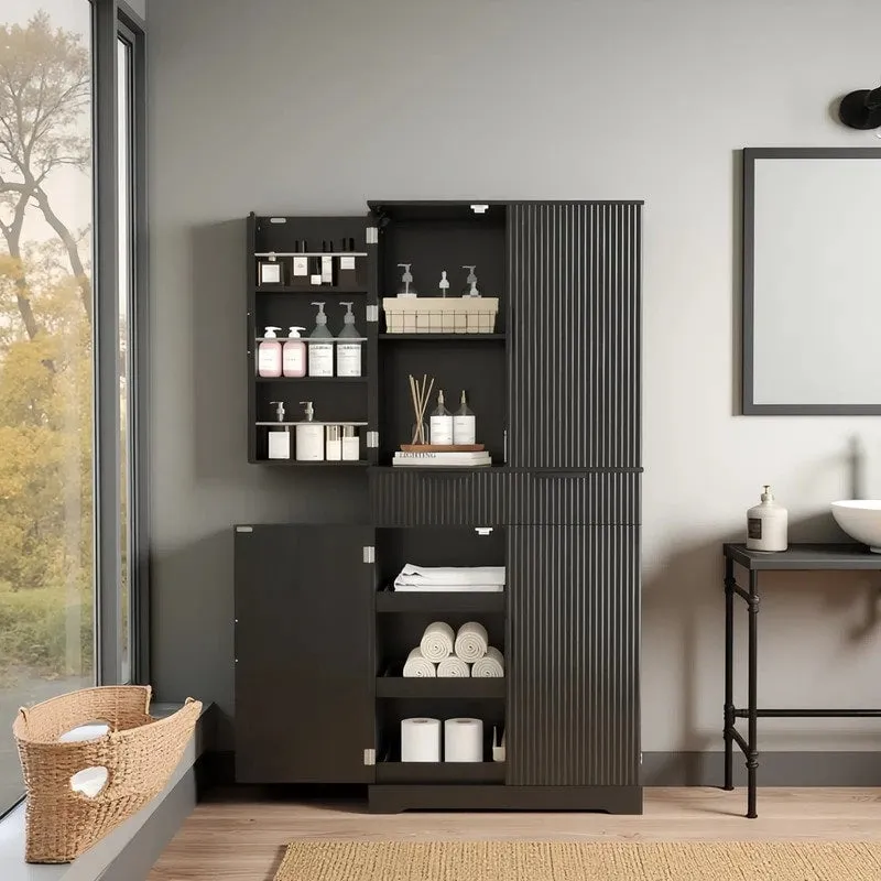 72H bathroom storage Cabinet with 3 Keyboard Drawers. 6 Door Shelves Adjustable. a slide-out drawer