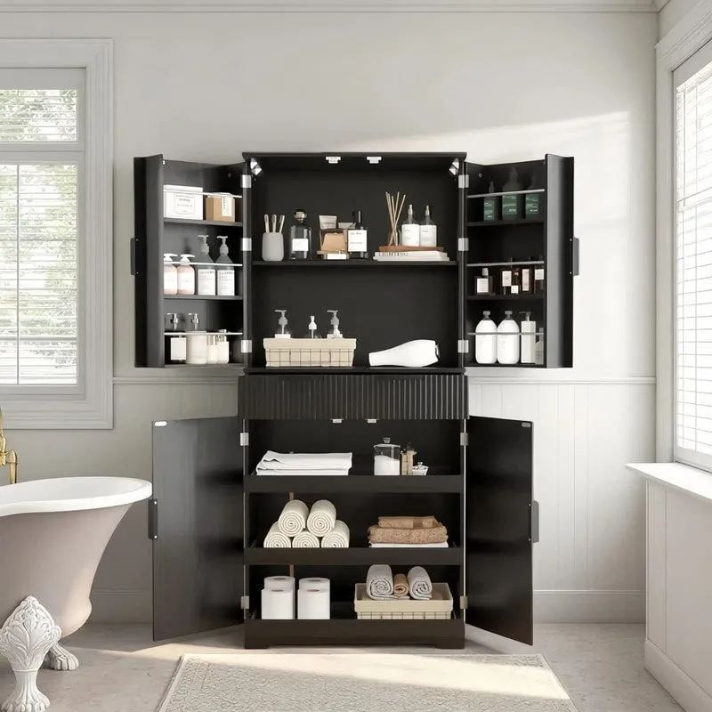 72H bathroom storage Cabinet with 3 Keyboard Drawers. 6 Door Shelves Adjustable. a slide-out drawer