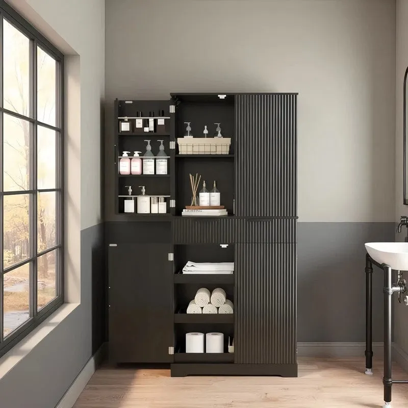 72H bathroom storage Cabinet with 3 Keyboard Drawers. 6 Door Shelves Adjustable. a slide-out drawer
