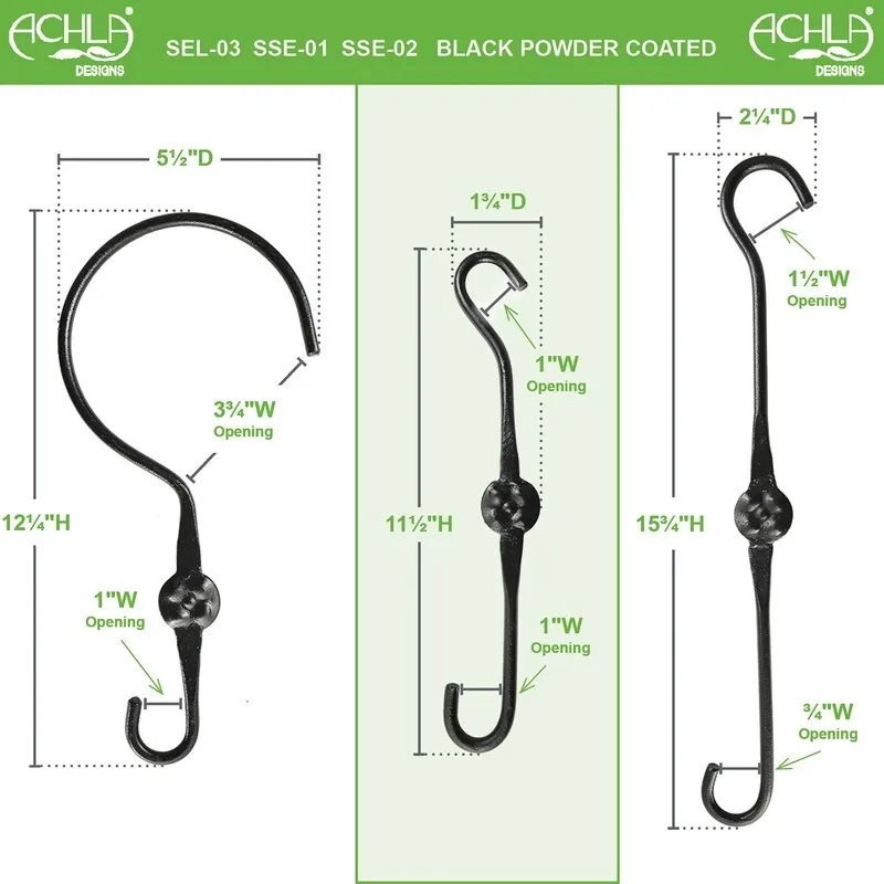 Achla Designs Set of 2 Double Ended Extender Hook Hangers. Black Powder Coat Finish