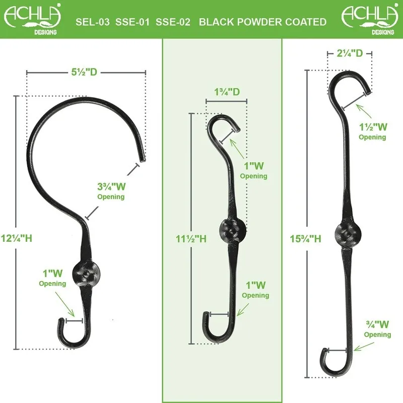 Achla Designs Set of 2 Double Ended Extender Hook Hangers. Black Powder Coat Finish