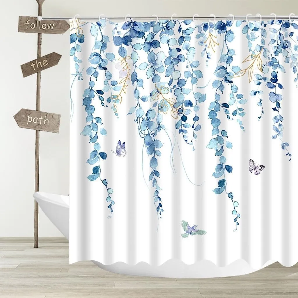 Blue Leaves Shower Curtain Watercolor Plant Eucalyptus. 60x70 Inches