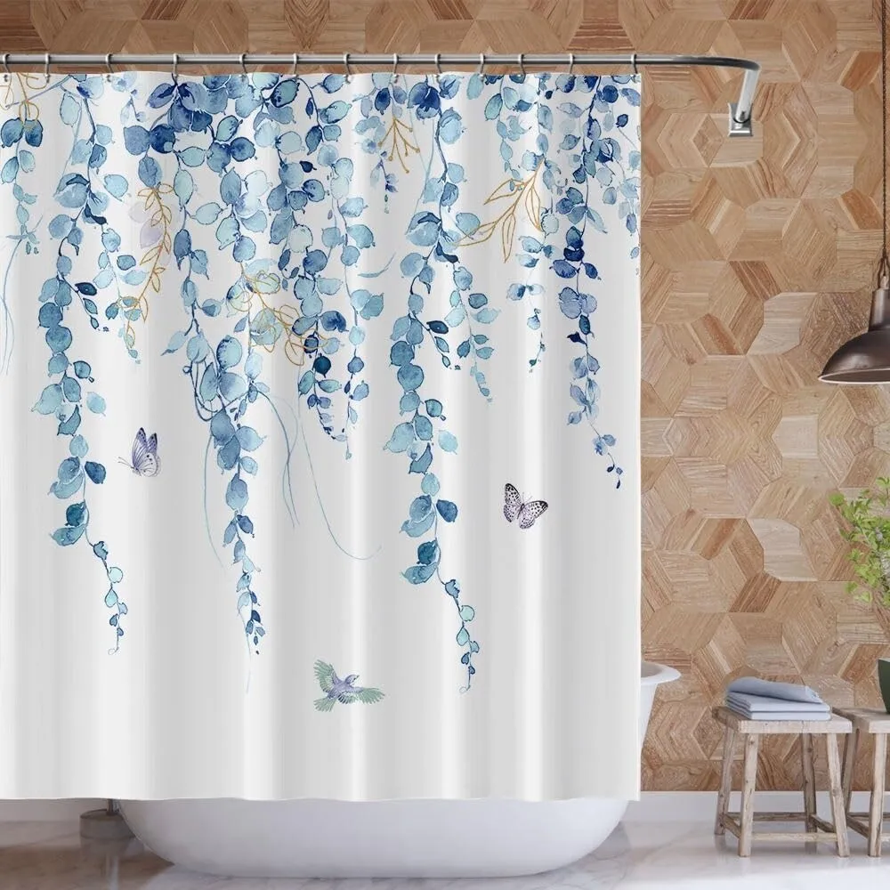 Blue Leaves Shower Curtain Watercolor Plant Eucalyptus. 60x70 Inches