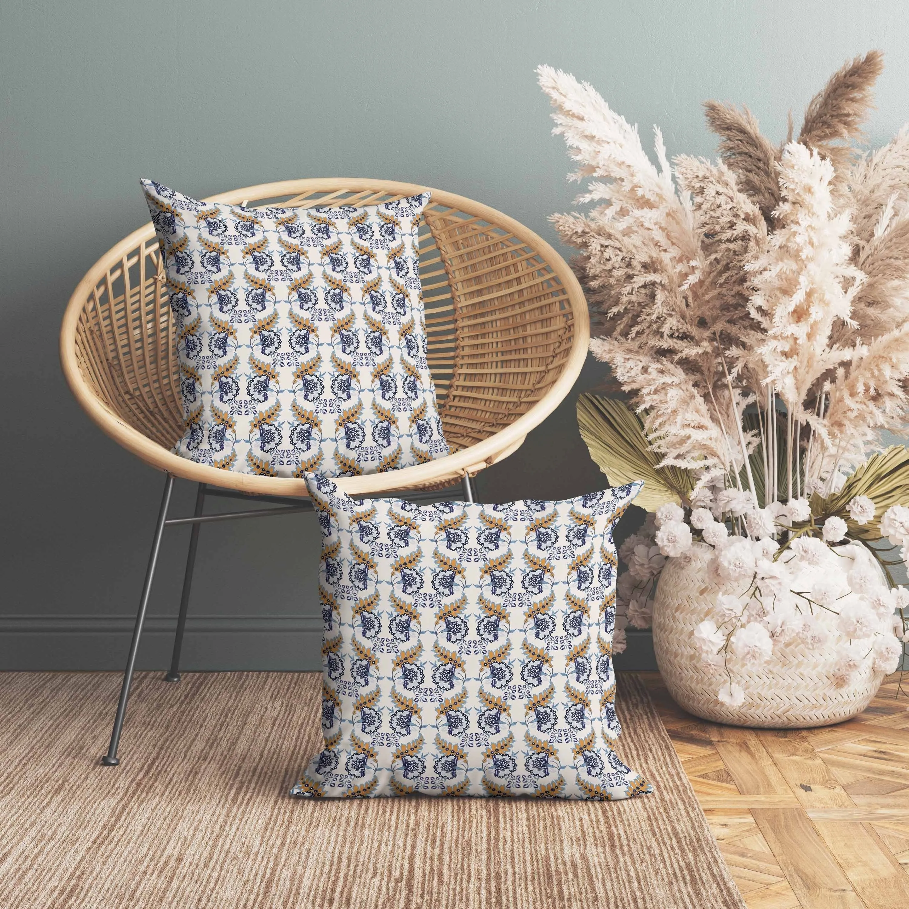 Botanical Bouquet Indoor/Outdoor Reversible Throw Pillow Blue and Orange