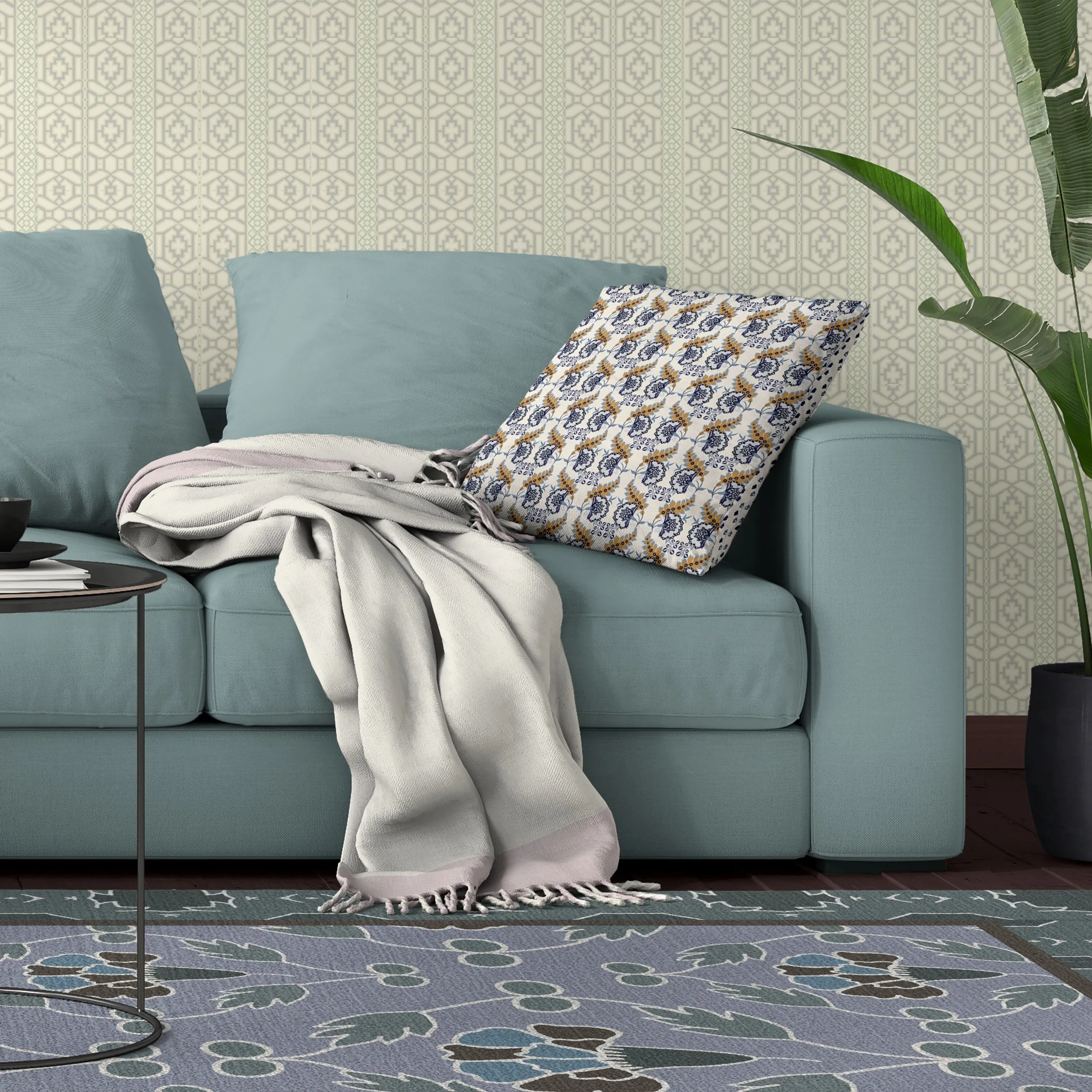 Botanical Bouquet Indoor/Outdoor Reversible Throw Pillow Blue and Orange