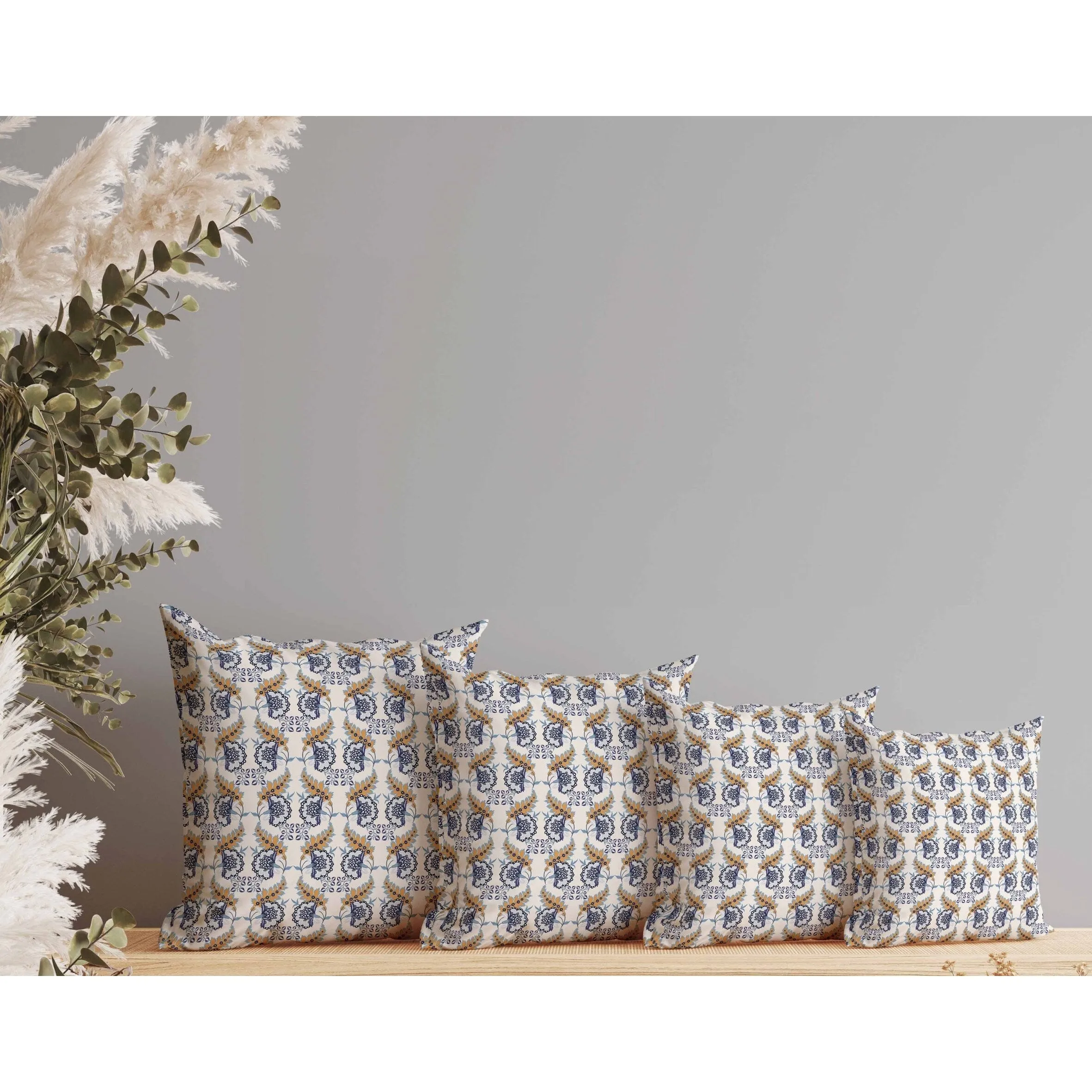 Botanical Bouquet Indoor/Outdoor Reversible Throw Pillow Blue and Orange