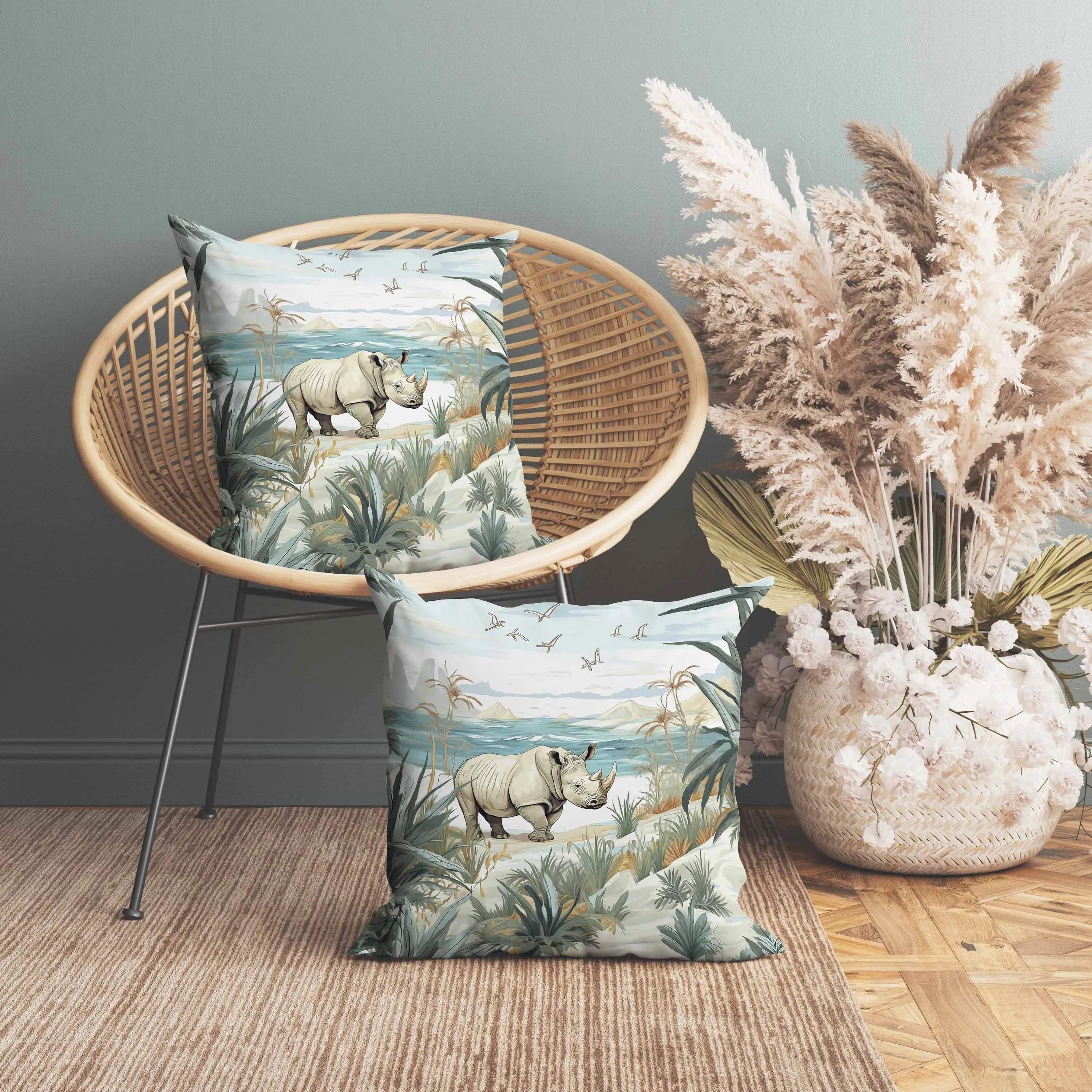 Coastal Rhino Indoor/Outdoor Reversible Throw Pillow Beige and Blue